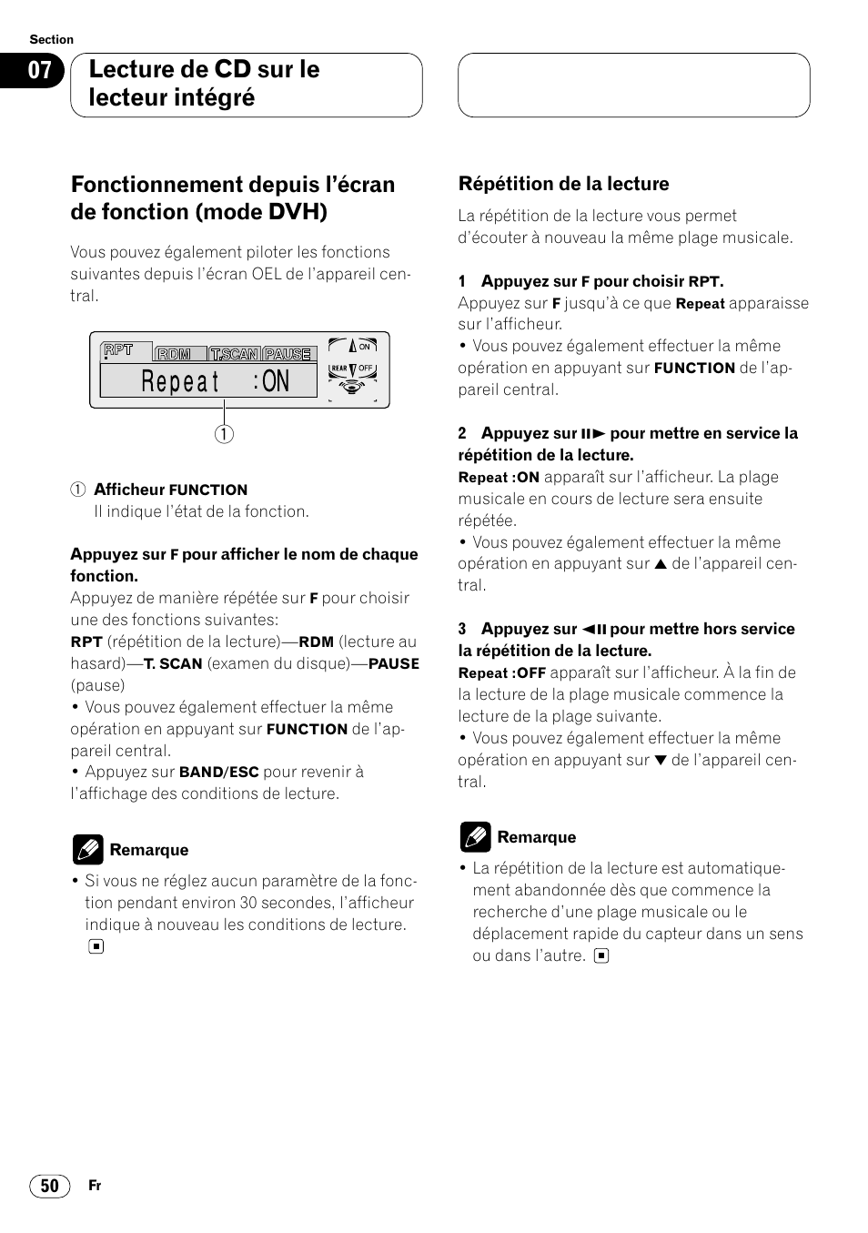 Fonctionnement depuis l’écran de fonction, Mode dvh) 50 • répétition de la lecture 50, Lecture de cd sur le lecteur intégré | Pioneer DVH-P7000R User Manual | Page 150 / 204