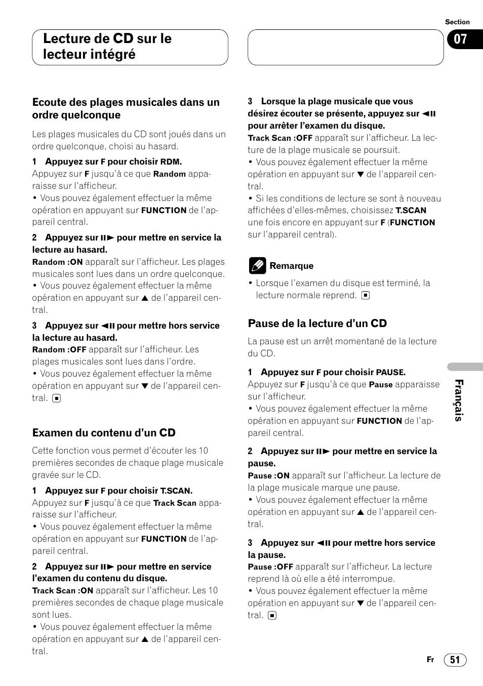 Ecoute des plages musicales dans un, Ordre quelconque 51, Lecture de cd sur le lecteur intégré | Pioneer DVH-P7000R User Manual | Page 151 / 204