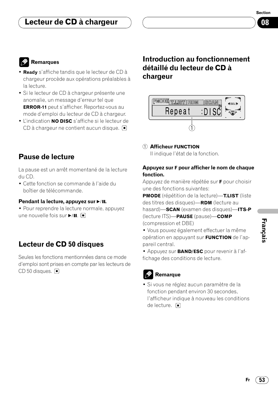 Lecteur de cd à chargeur 53, Lecteur de cd à chargeur, Pause de lecture | Lecteur de cd 50 disques | Pioneer DVH-P7000R User Manual | Page 153 / 204