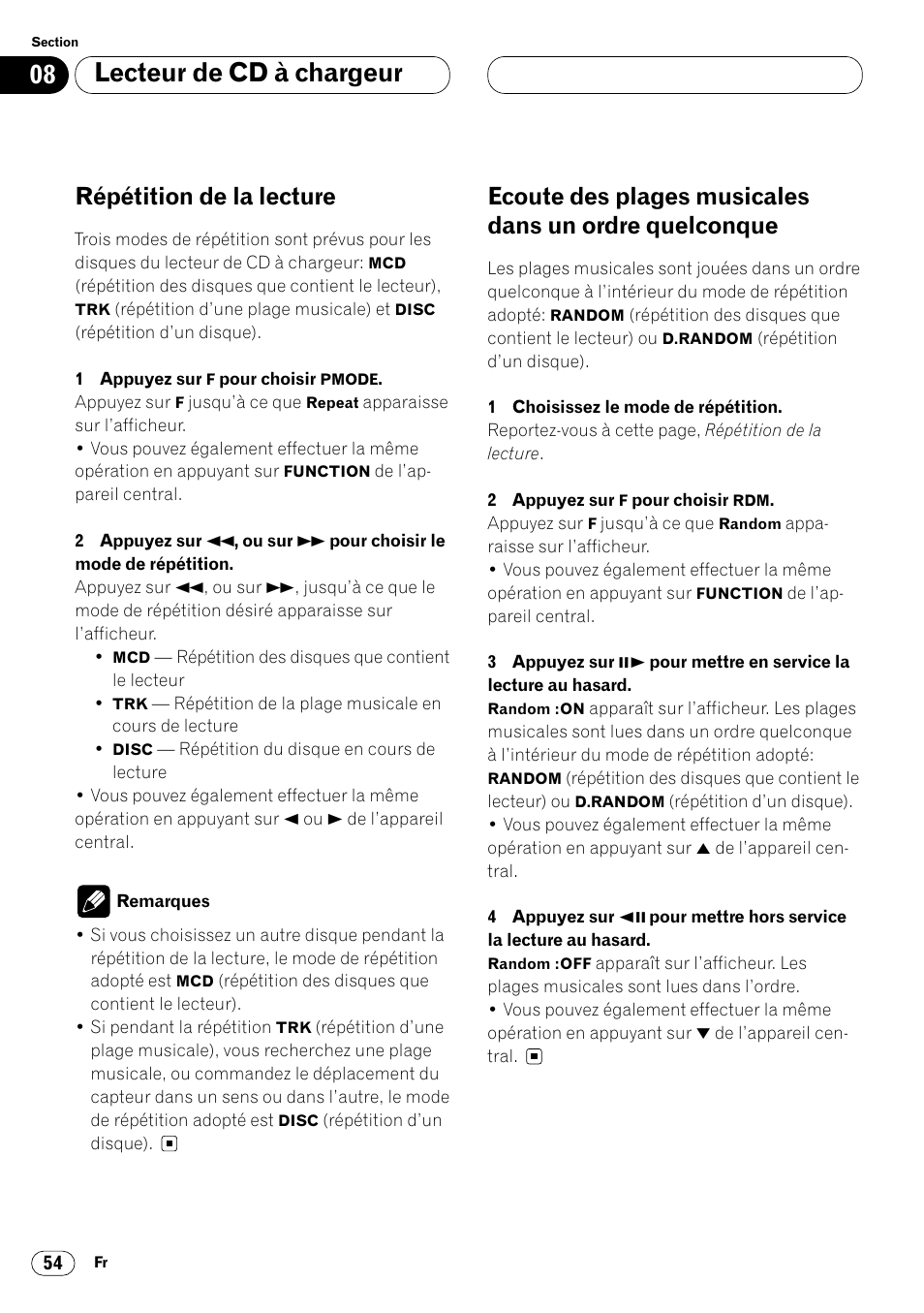 Quelconque 54, Lecteur de cd à chargeur, Répétition de la lecture | Pioneer DVH-P7000R User Manual | Page 154 / 204
