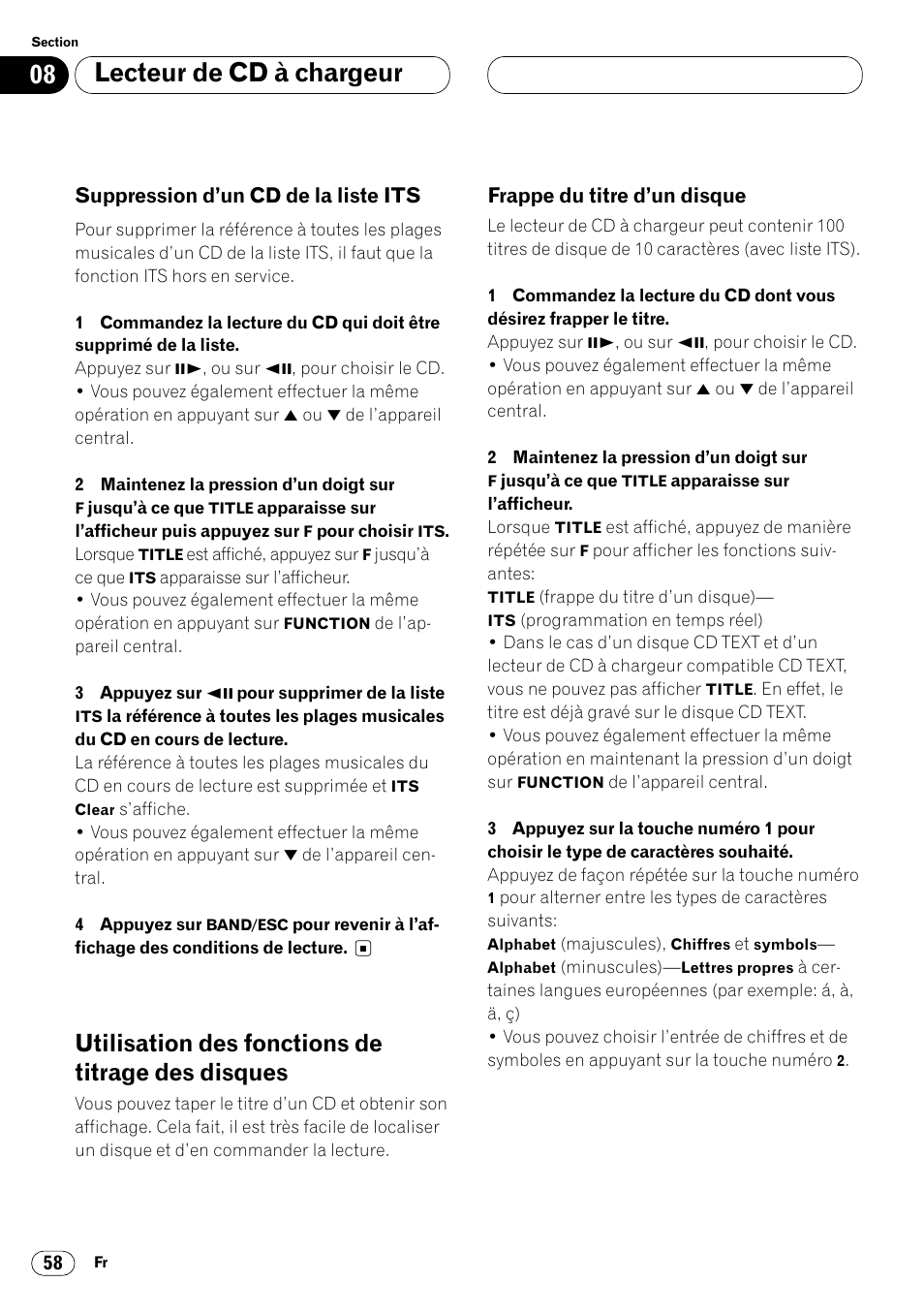 Suppression d’un cd de la liste its 58, Utilisation des fonctions de titrage des, Disques 58 • frappe du titre d’un disque 58 | Lecteur de cd à chargeur, Utilisation des fonctions de titrage des disques, Suppression d’un cd de la liste its, Frappe du titre d’un disque | Pioneer DVH-P7000R User Manual | Page 158 / 204