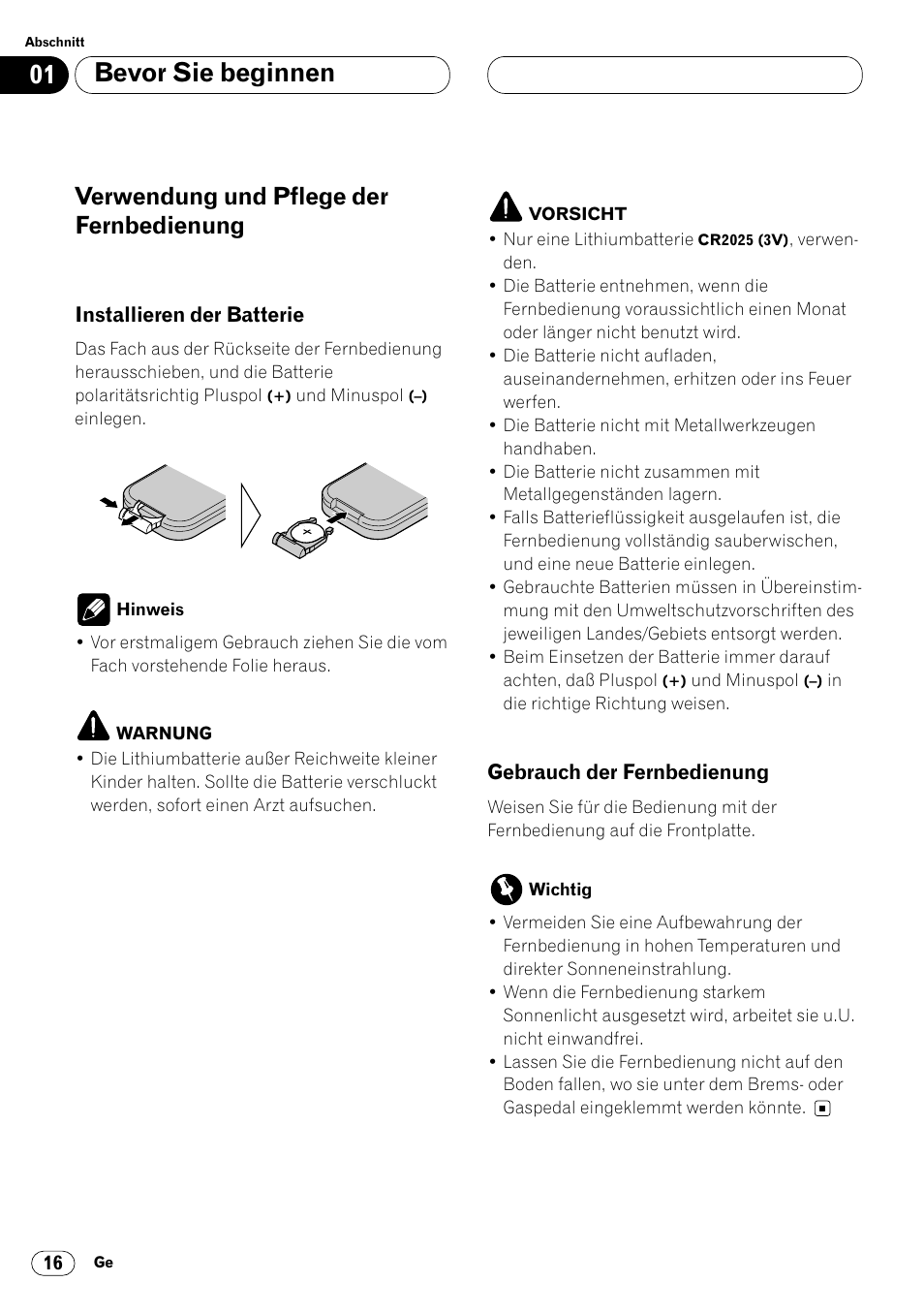 Verwendung und pflege, Bevor sie beginnen, Verwendung und pflege der fernbedienung | Pioneer DVH-P7000R User Manual | Page 16 / 204