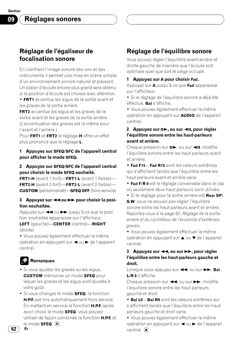 Réglage de l’égaliseur de, Focalisation sonore 62, Réglage de l’équilibre sonore 62 | Réglages sonores, Réglage de l’égaliseur de focalisation sonore, Réglage de l’équilibre sonore | Pioneer DVH-P7000R User Manual | Page 162 / 204