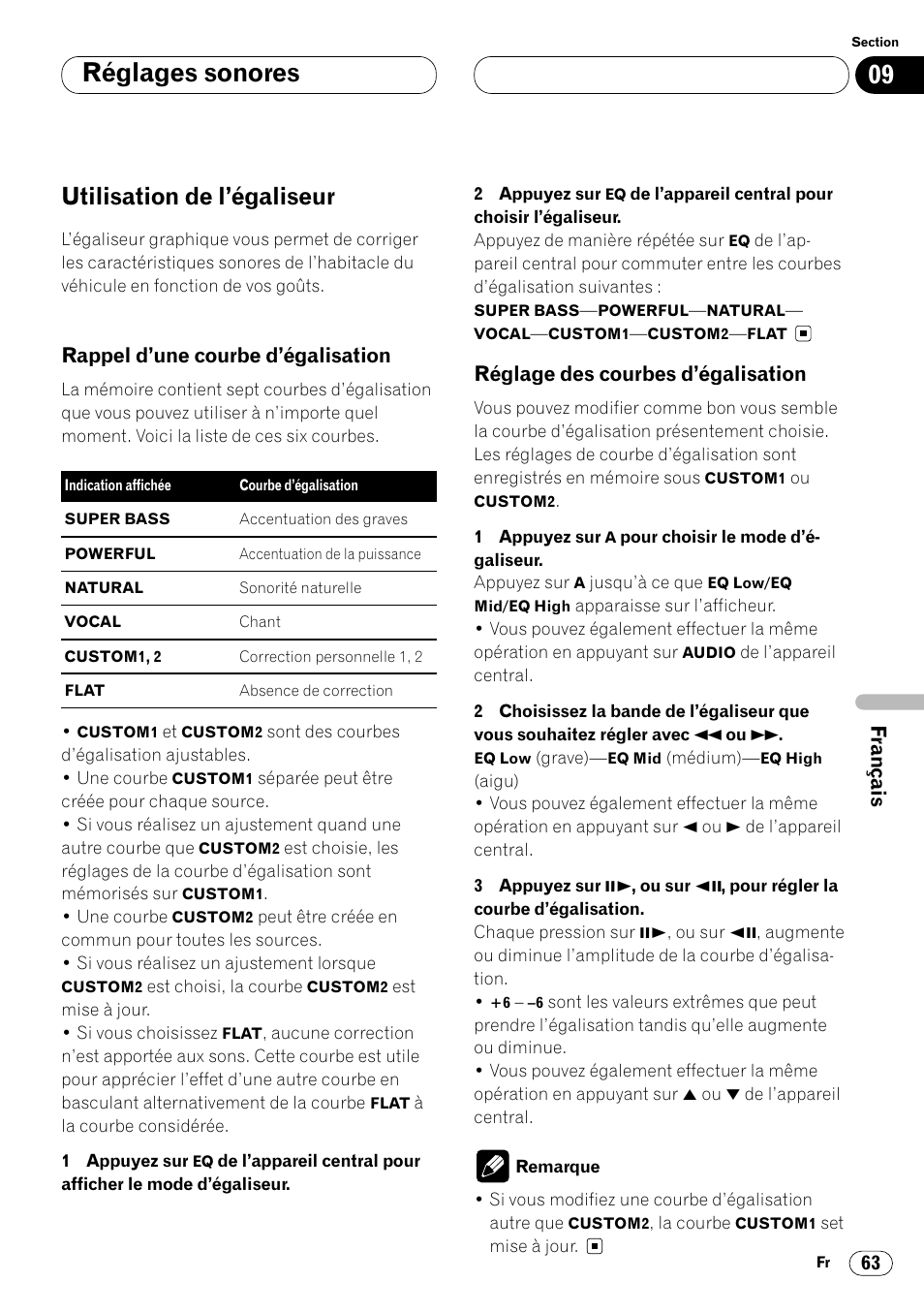Utilisation de l’égaliseur 63, Réglages sonores, Utilisation de l’égaliseur | Rappel d’une courbe d’égalisation, Réglage des courbes d’égalisation | Pioneer DVH-P7000R User Manual | Page 163 / 204