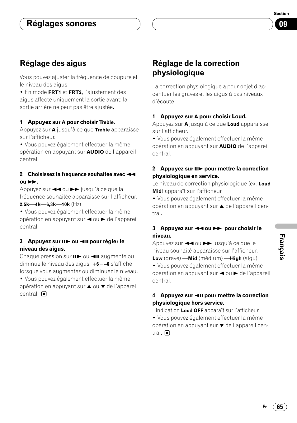 Réglages sonores, Réglage des aigus, Réglage de la correction physiologique | Pioneer DVH-P7000R User Manual | Page 165 / 204