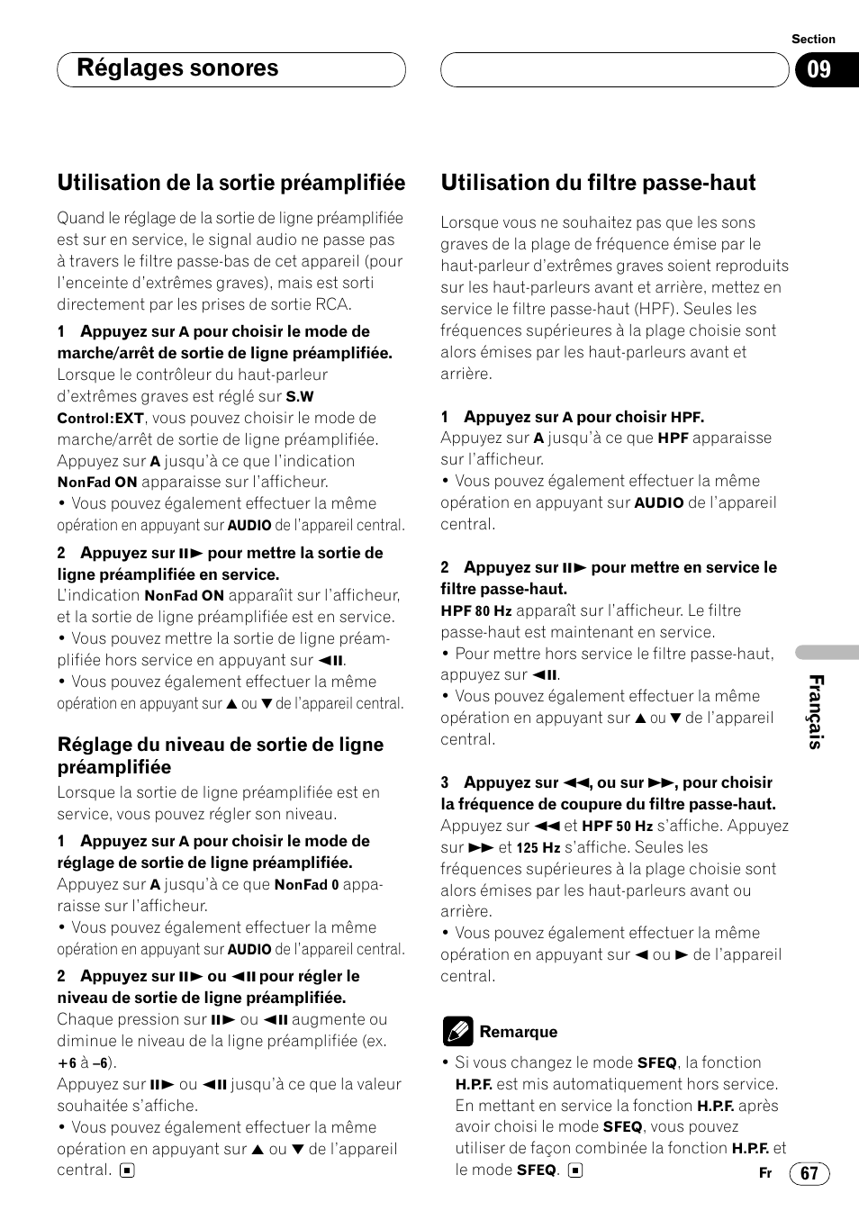 Utilisation de la sortie préamplifiée 67, Réglage du niveau de sortie de ligne, Préamplifiée 67 | Utilisation du filtre passe-haut 67, Réglages sonores, Utilisation de la sortie préamplifiée, Utilisation du filtre passe-haut | Pioneer DVH-P7000R User Manual | Page 167 / 204