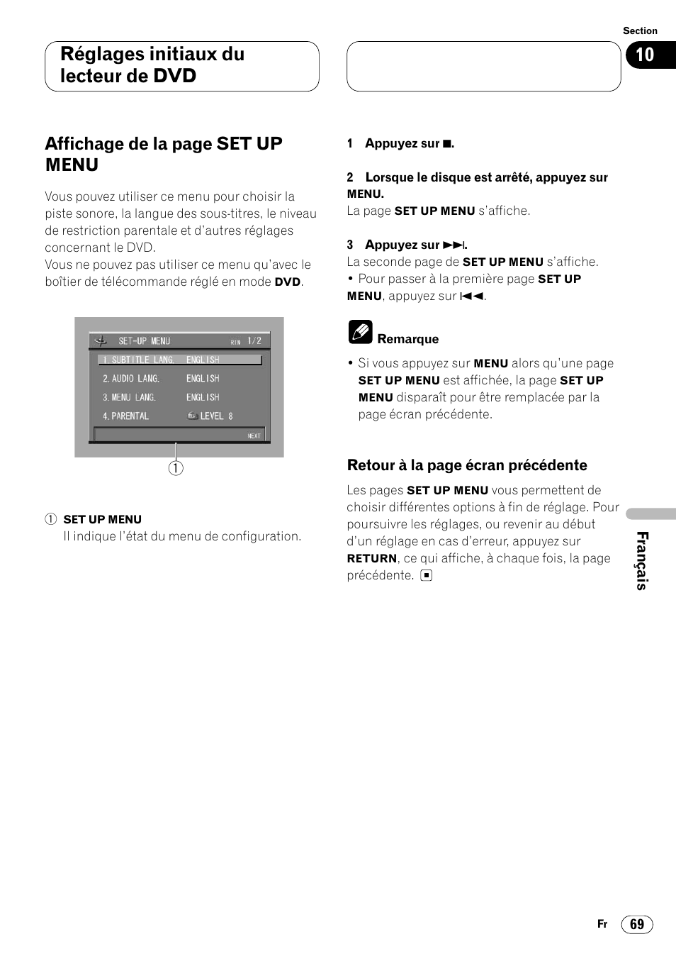 Réglages initiaux du lecteur de dvd, Affichage de la page set up menu | Pioneer DVH-P7000R User Manual | Page 169 / 204