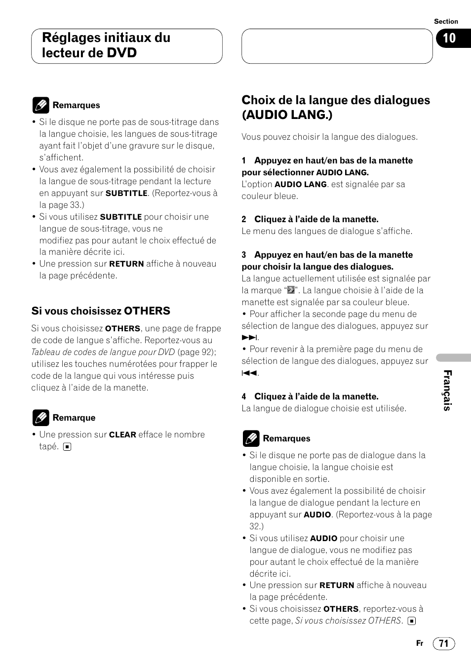 Si vous choisissez others 71, Choix de la langue des dialogues, Audio lang.) 71 | Réglages initiaux du lecteur de dvd, Choix de la langue des dialogues (audio lang.) | Pioneer DVH-P7000R User Manual | Page 171 / 204