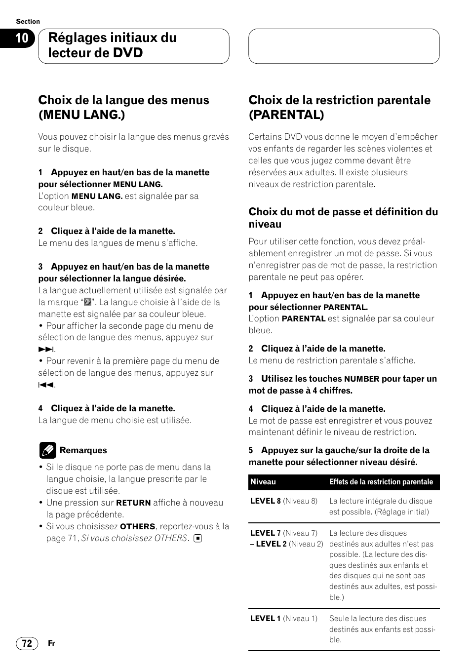 Choix de la langue des menus, Menu lang.) 72, Choix de la restriction parentale (parental) 72 | Choix du mot de passe et définition, Du niveau 72, Réglages initiaux du lecteur de dvd, Choix de la langue des menus (menu lang.), Choix de la restriction parentale (parental) | Pioneer DVH-P7000R User Manual | Page 172 / 204