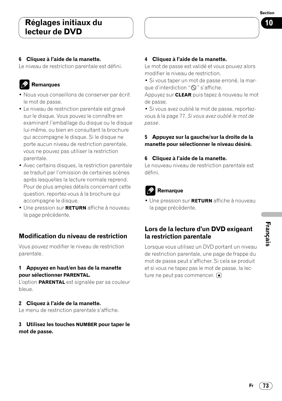 Restriction parentale 73, Réglages initiaux du lecteur de dvd | Pioneer DVH-P7000R User Manual | Page 173 / 204