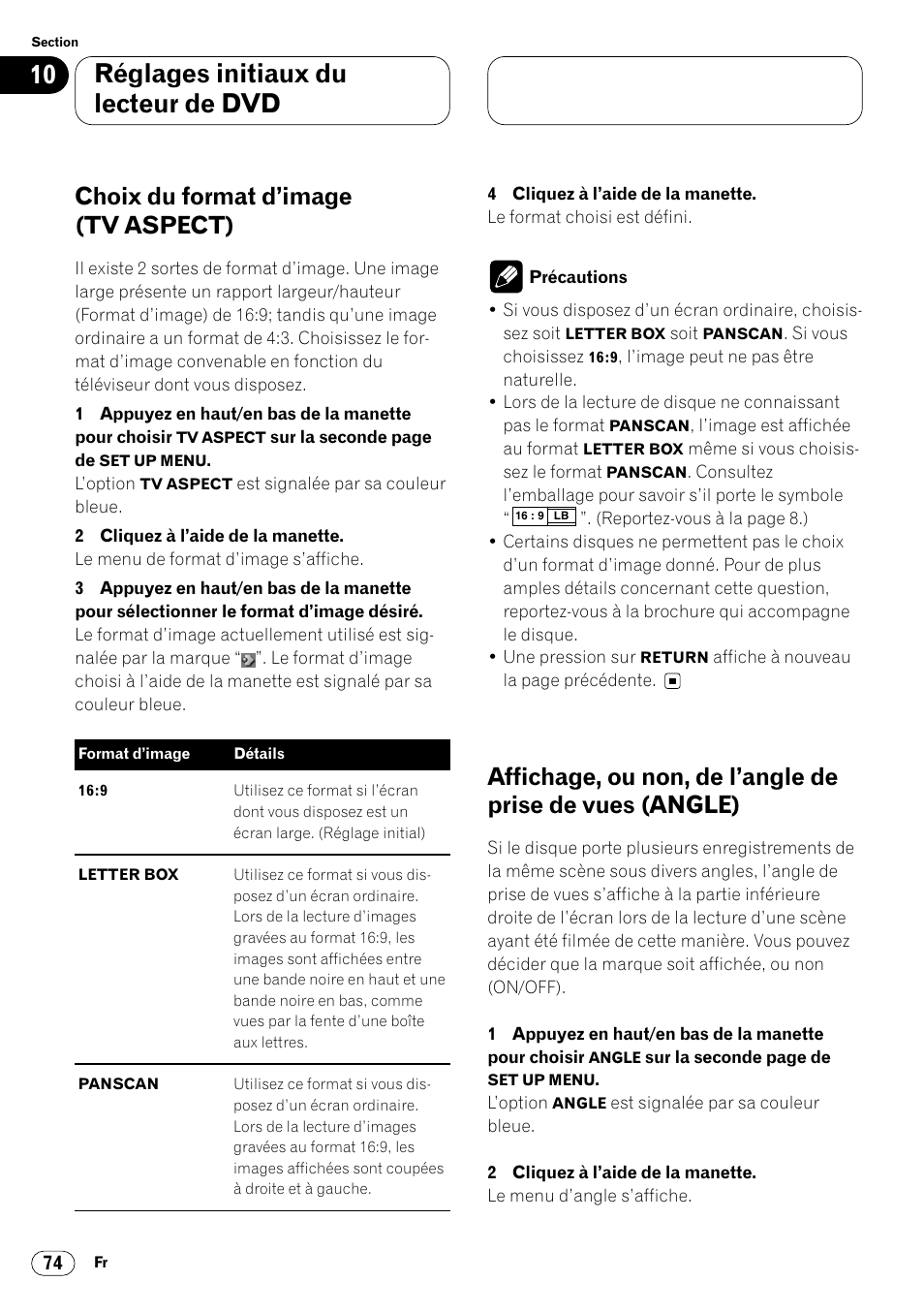 De vues (angle) 74, Réglages initiaux du lecteur de dvd, Choix du format d’image (tv aspect) | Pioneer DVH-P7000R User Manual | Page 174 / 204