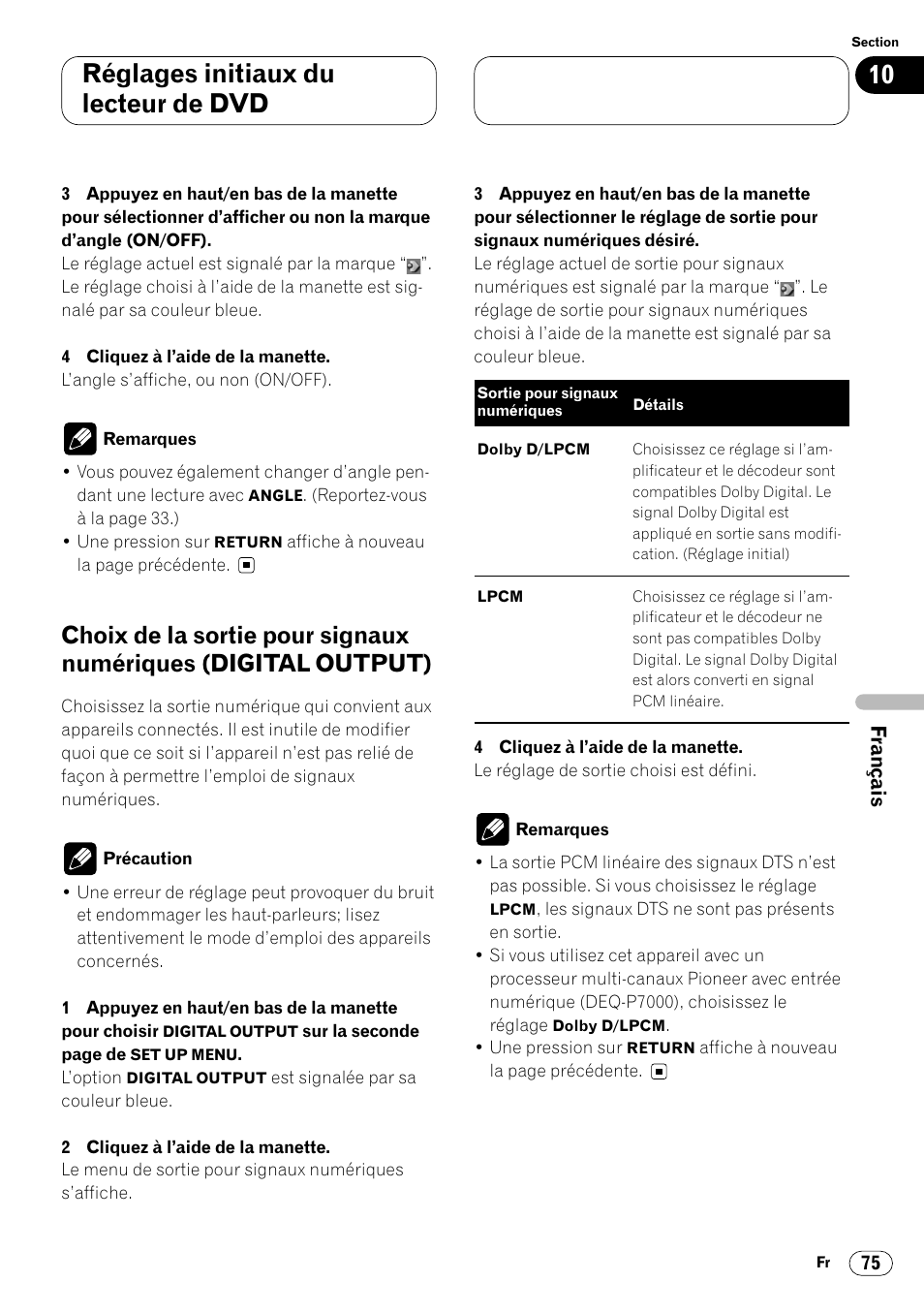 Choix de la sortie pour signaux numériques, Digital output) 75, Réglages initiaux du lecteur de dvd | Pioneer DVH-P7000R User Manual | Page 175 / 204