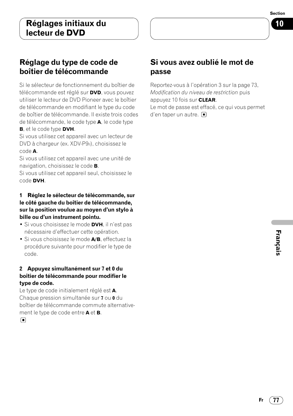 Réglage du type de code de boîtier, De télécommande 77, Si vous avez oublié le mot de passe 77 | Réglages initiaux du lecteur de dvd, Réglage du type de code de boîtier de télécommande, Si vous avez oublié le mot de passe | Pioneer DVH-P7000R User Manual | Page 177 / 204