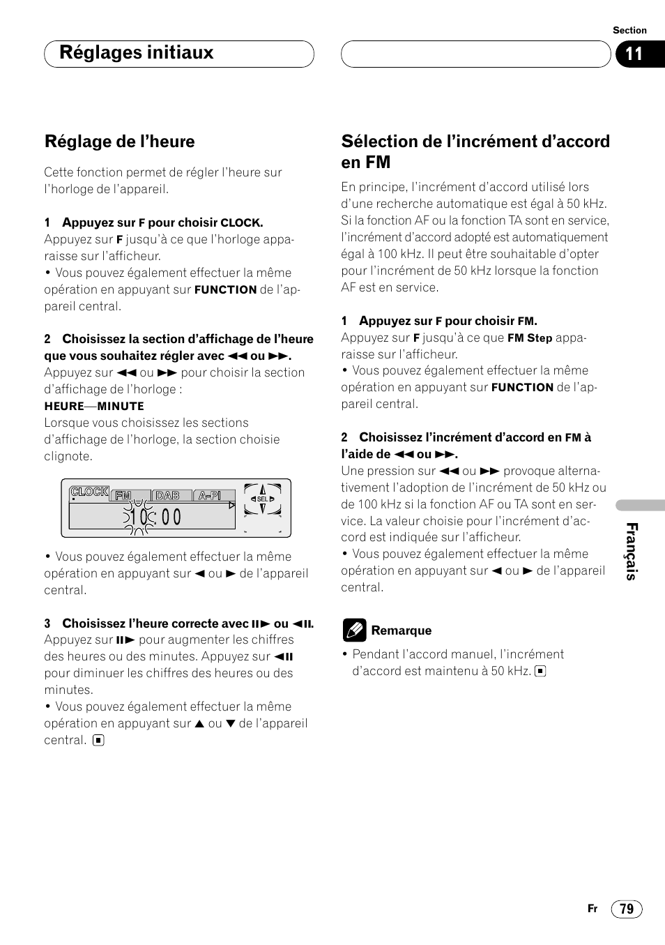 Réglages initiaux, Réglage de l’heure, Sélection de l’incrément d’accord en fm | Pioneer DVH-P7000R User Manual | Page 179 / 204