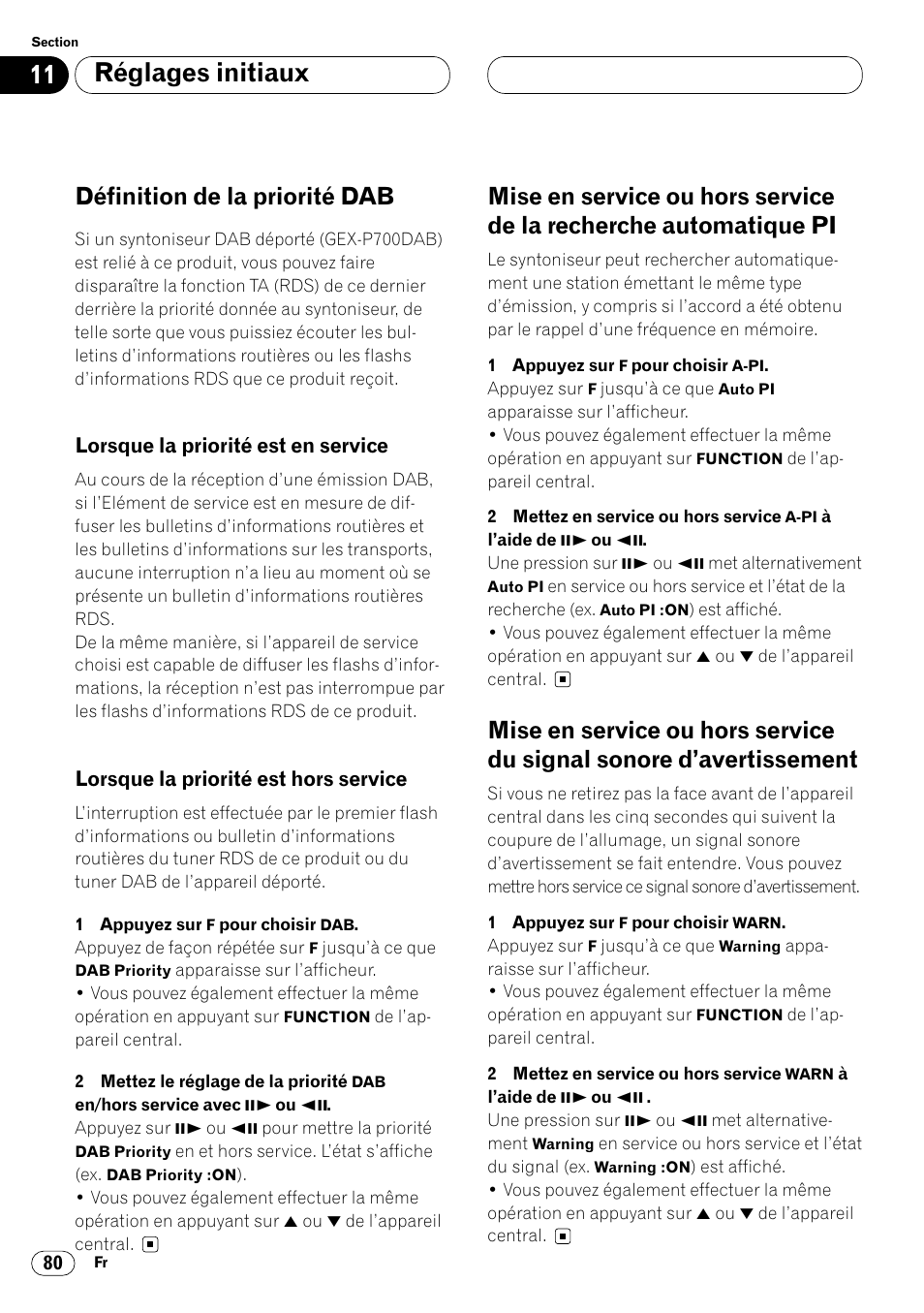 Définition de la priorité dab 80, Mise en service ou hors service de la, Recherche automatique pi 80 | Mise en service ou hors service du signal, Sonore d’avertissement 80, Réglages initiaux, Définition de la priorité dab | Pioneer DVH-P7000R User Manual | Page 180 / 204