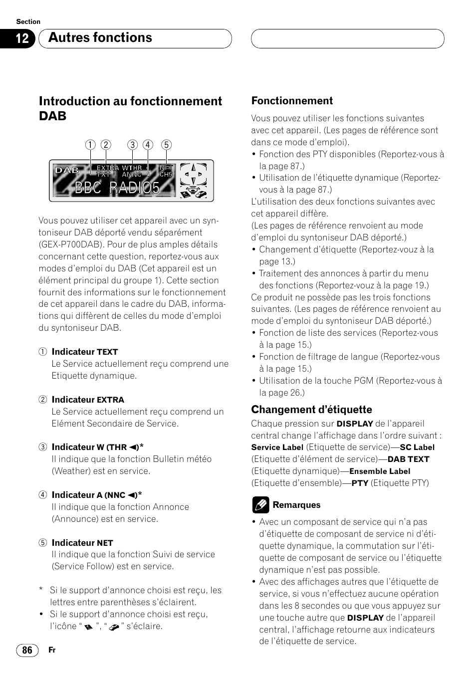Introduction au fonctionnement dab 86, Fonctionnement 86 • changement d’étiquette 86, Autres fonctions | Introduction au fonctionnement dab | Pioneer DVH-P7000R User Manual | Page 186 / 204