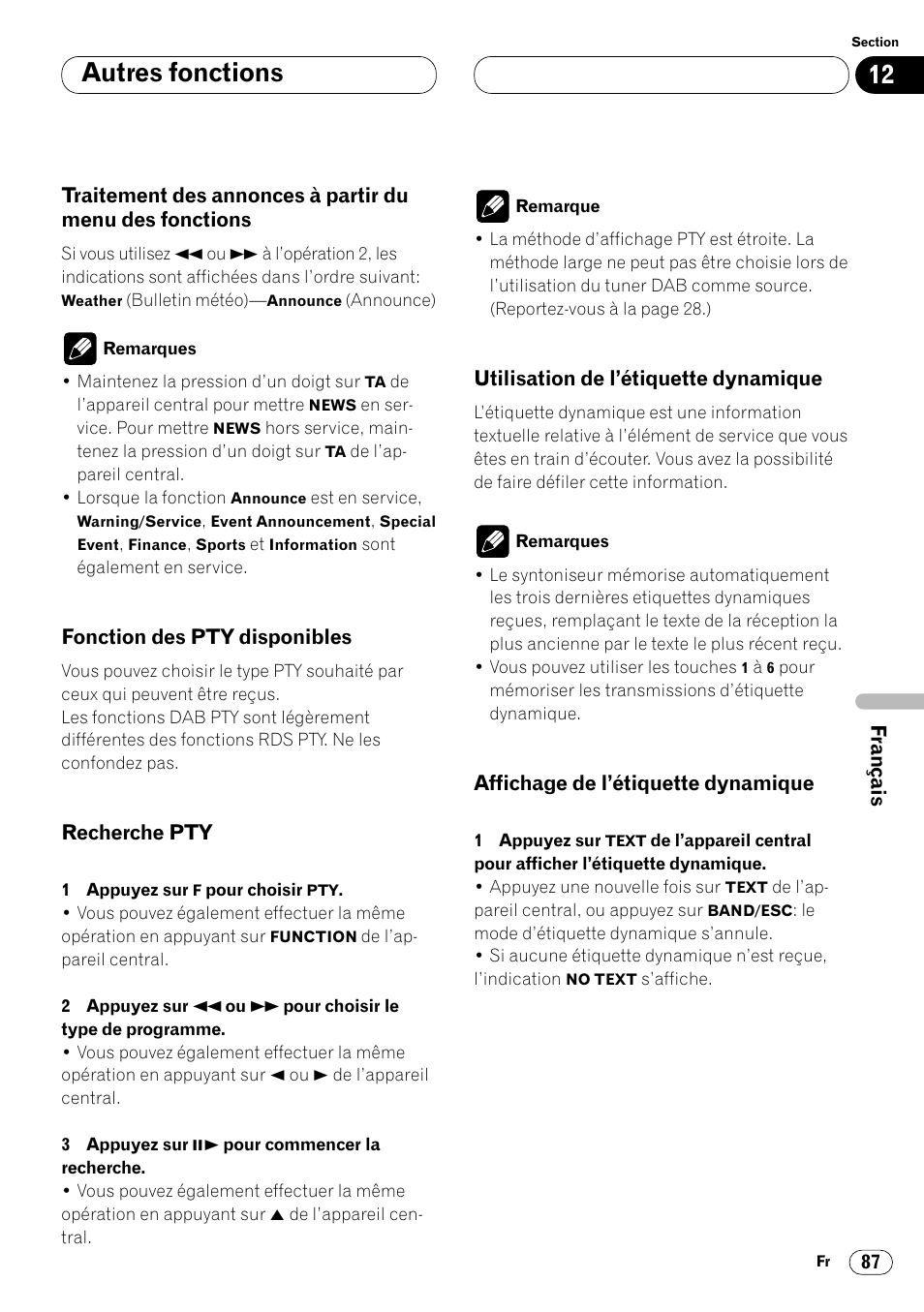 Compatibilité avec les formats dvd, video, Cd et cd 87, Traitement des annonces à partir du | Menu des fonctions 87, Autres fonctions | Pioneer DVH-P7000R User Manual | Page 187 / 204
