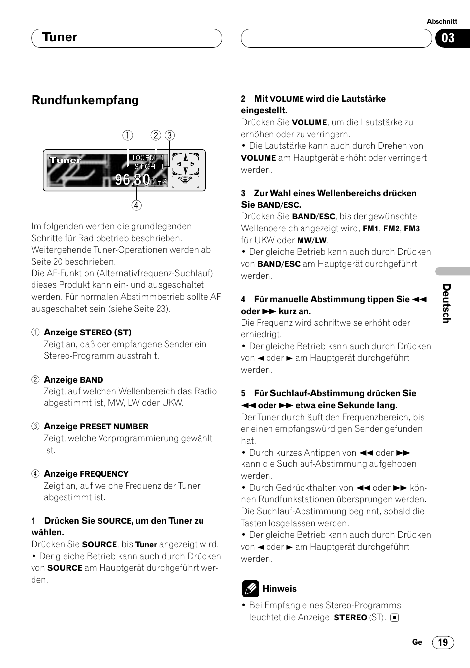 Rundfunkempfang 19, Tuner, Rundfunkempfang | Pioneer DVH-P7000R User Manual | Page 19 / 204