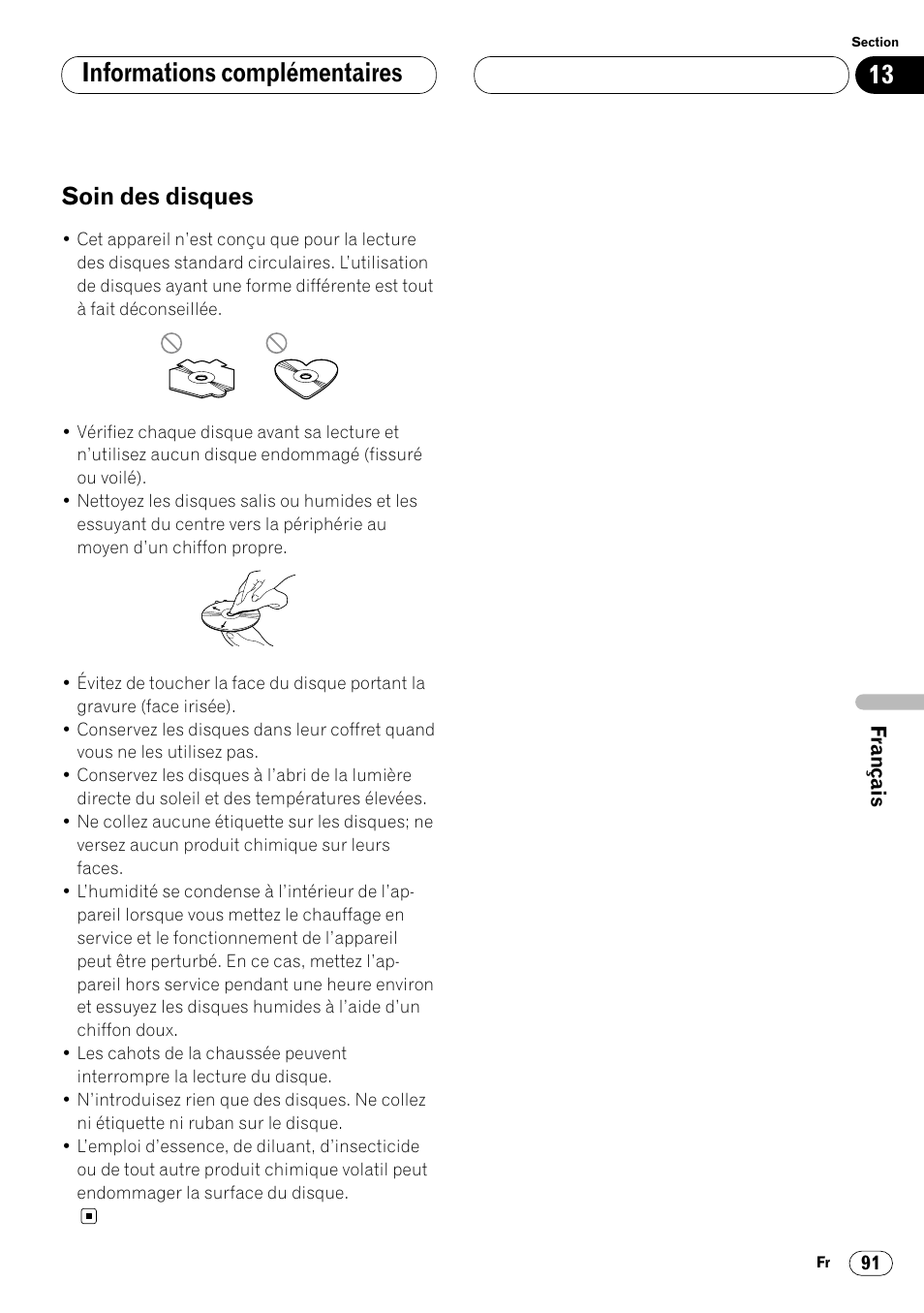 Soin des disques 91, Informations complémentaires, Soin des disques | Pioneer DVH-P7000R User Manual | Page 191 / 204