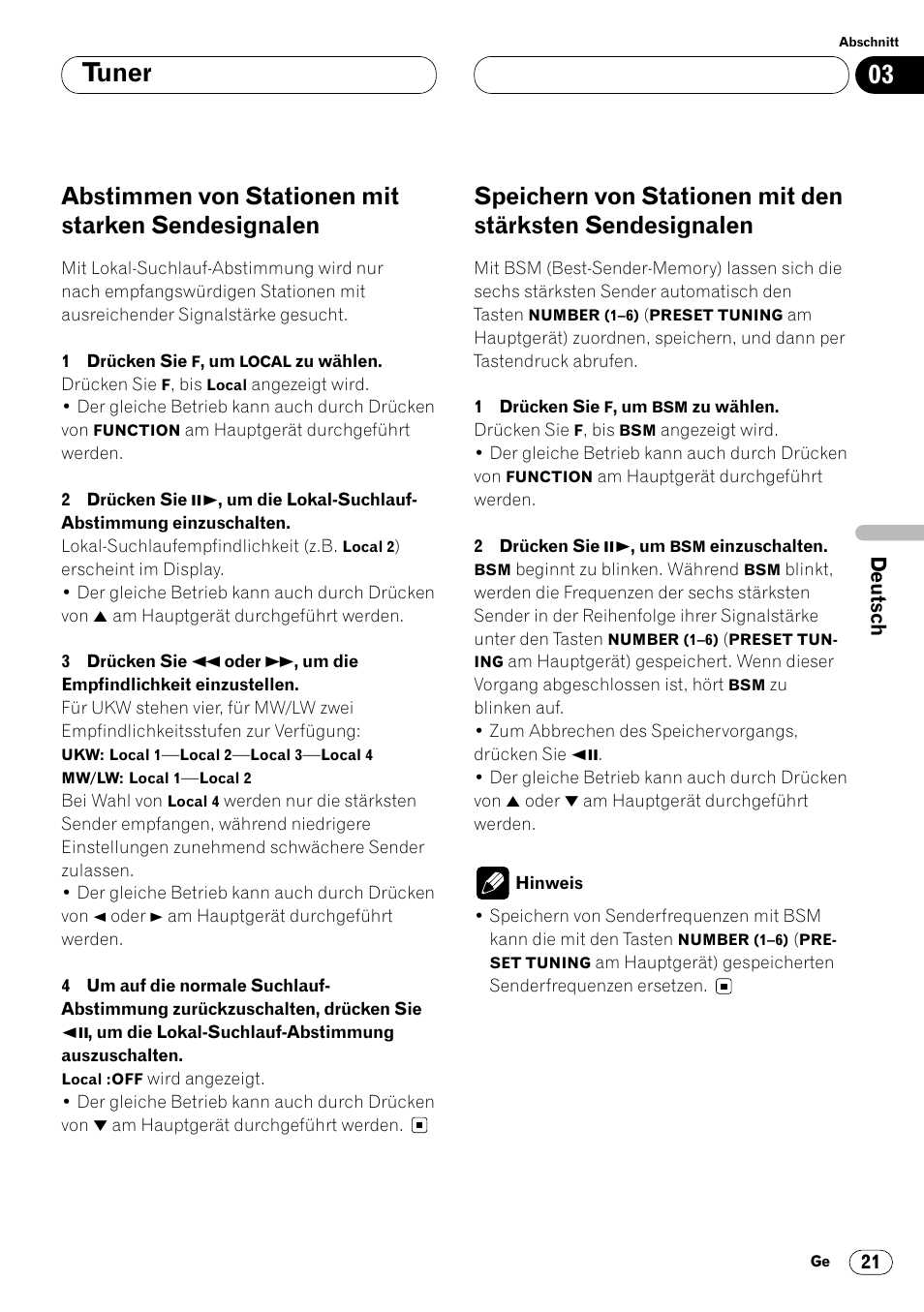 Abstimmen von stationen mit starken, Sendesignalen 21, Speichern von stationen mit den stärksten | Tuner, Abstimmen von stationen mit starken sendesignalen | Pioneer DVH-P7000R User Manual | Page 21 / 204