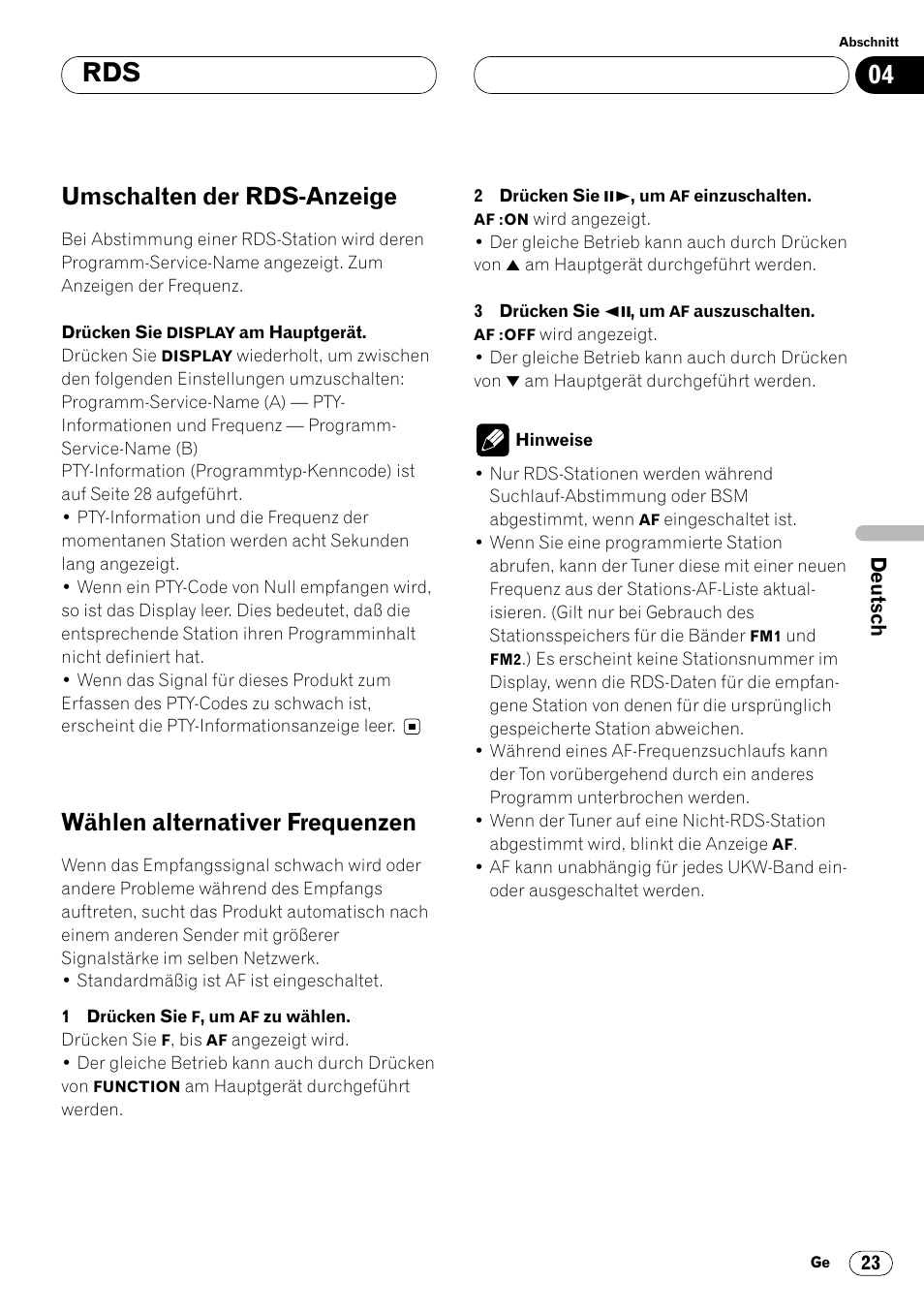 Umschalten der rds-anzeige 23, Wählen alternativer frequenzen 23, Umschalten der rds-anzeige | Wählen alternativer frequenzen | Pioneer DVH-P7000R User Manual | Page 23 / 204