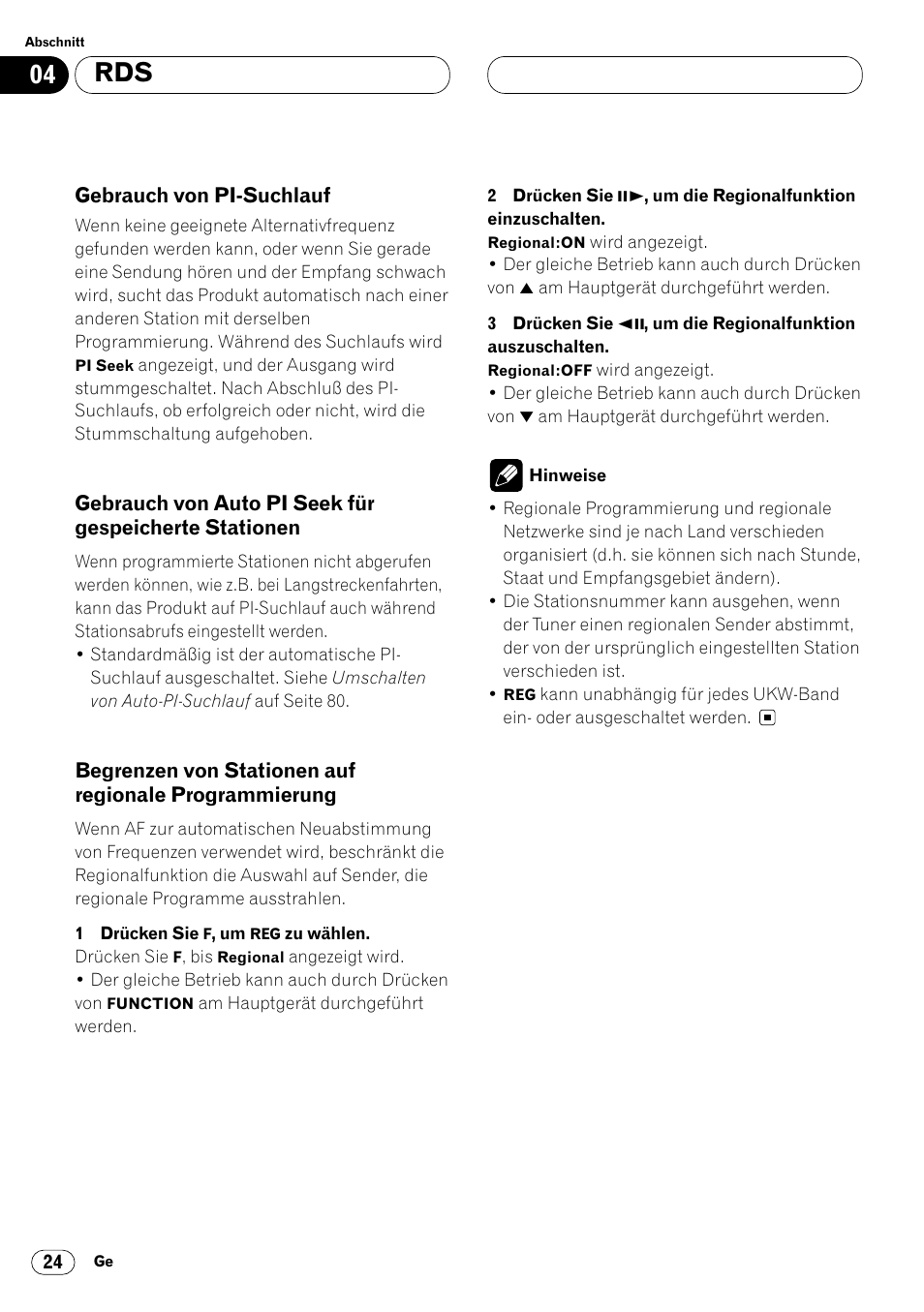 Gespeicherte stationen 24, Begrenzen von stationen auf regionale, Programmierung 24 | Pioneer DVH-P7000R User Manual | Page 24 / 204