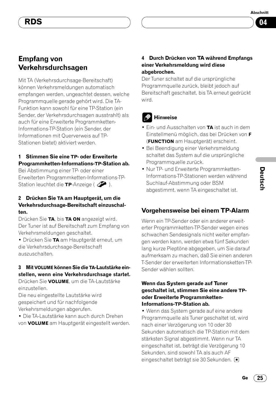 Empfang von verkehrsdurchsagen 25, Vorgehensweise bei einem, Tp-alarm 25 | Empfang von verkehrsdurchsagen | Pioneer DVH-P7000R User Manual | Page 25 / 204
