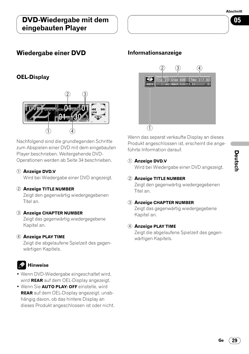Wiedergabe einer dvd 29, Oel-display 29 • informationsanzeige 29, Dvd-wiedergabe mit dem eingebauten player | Wiedergabe einer dvd | Pioneer DVH-P7000R User Manual | Page 29 / 204