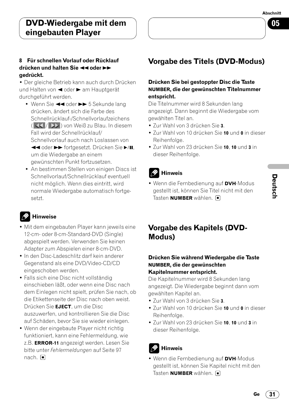 Dvd-wiedergabe mit dem eingebauten player, Vorgabe des titels (dvd-modus), Vorgabe des kapitels (dvd- modus) | Pioneer DVH-P7000R User Manual | Page 31 / 204