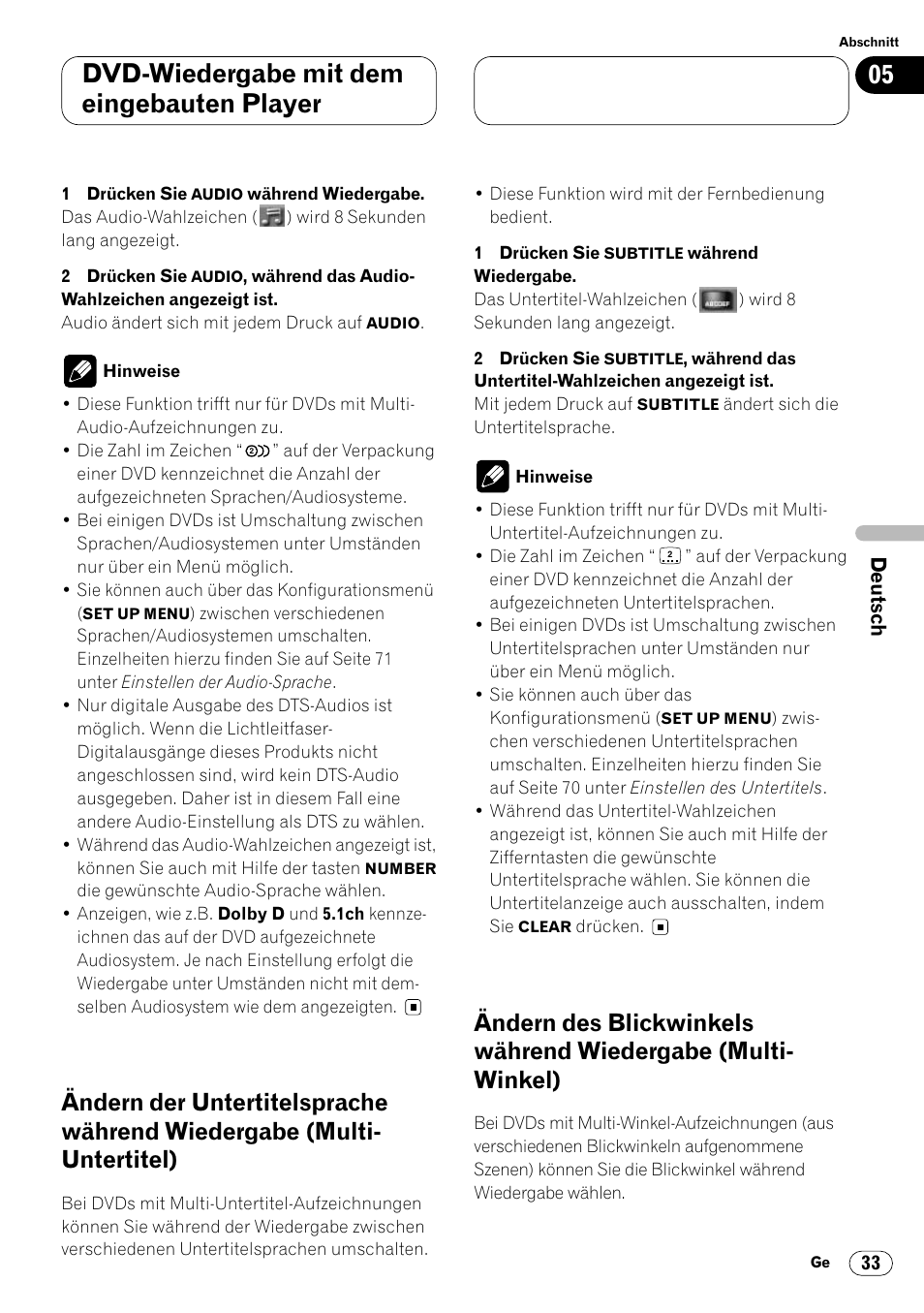 Ändern der untertitelsprache während, Wiedergabe (multi-untertitel) 33, Ändern des blickwinkels während | Wiedergabe (multi-winkel) 33, Dvd-wiedergabe mit dem eingebauten player | Pioneer DVH-P7000R User Manual | Page 33 / 204