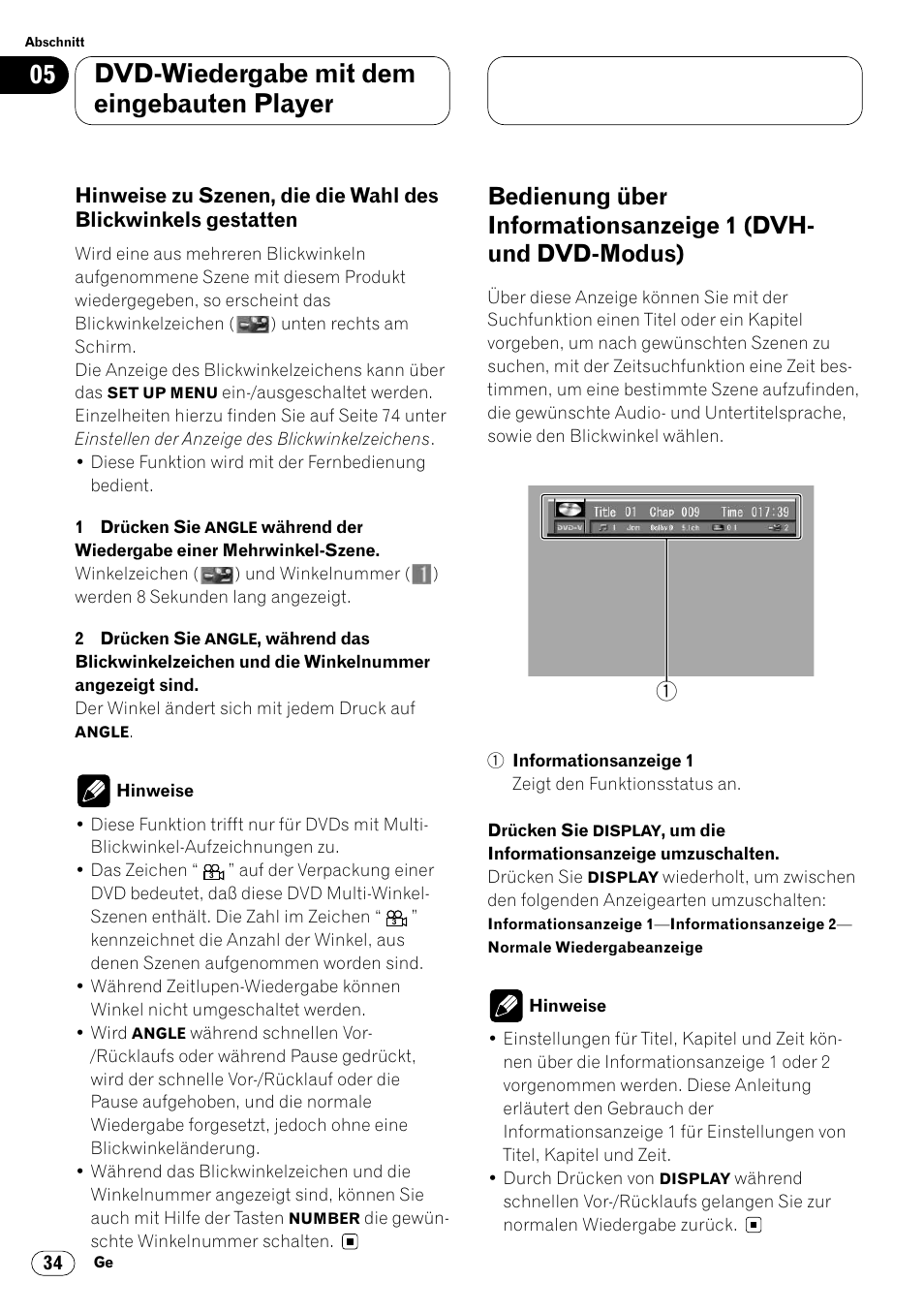 Hinweise zu szenen, die die wahl des, Blickwinkels gestatten 34, Dvh- und dvd-modus) 34 | Dvd-wiedergabe mit dem eingebauten player | Pioneer DVH-P7000R User Manual | Page 34 / 204