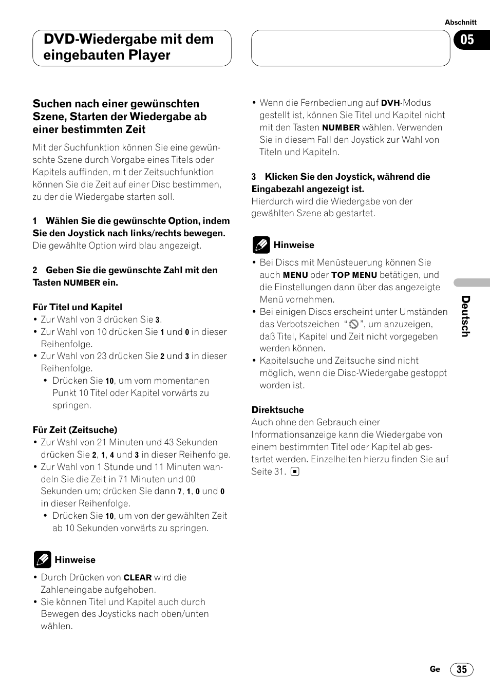 Suchen nach einer gewünschten, Dvd-wiedergabe mit dem eingebauten player | Pioneer DVH-P7000R User Manual | Page 35 / 204