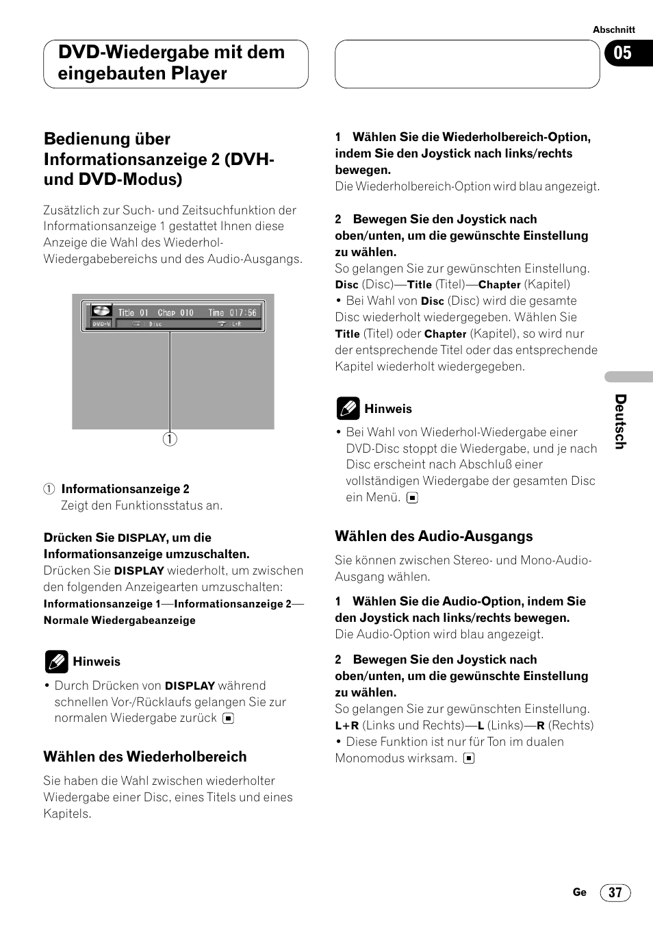 Dvd-wiedergabe mit dem eingebauten player | Pioneer DVH-P7000R User Manual | Page 37 / 204