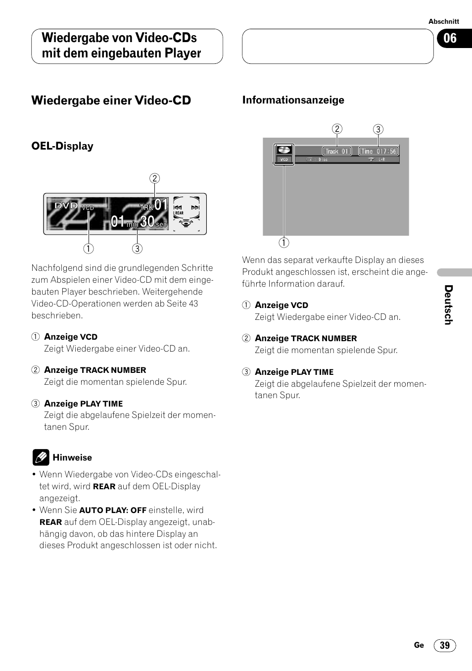 Wiedergabe einer video-cd 39, Oel-display 39 • informationsanzeige 39, Wiedergabe einer video-cd | Pioneer DVH-P7000R User Manual | Page 39 / 204