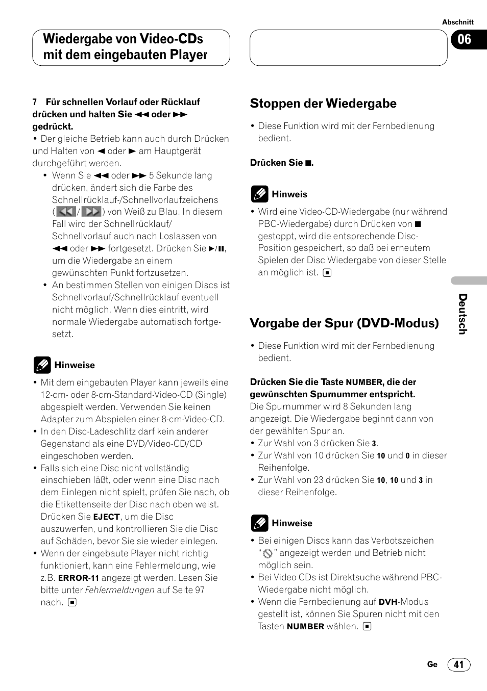 Stoppen der wiedergabe, Vorgabe der spur (dvd-modus) | Pioneer DVH-P7000R User Manual | Page 41 / 204