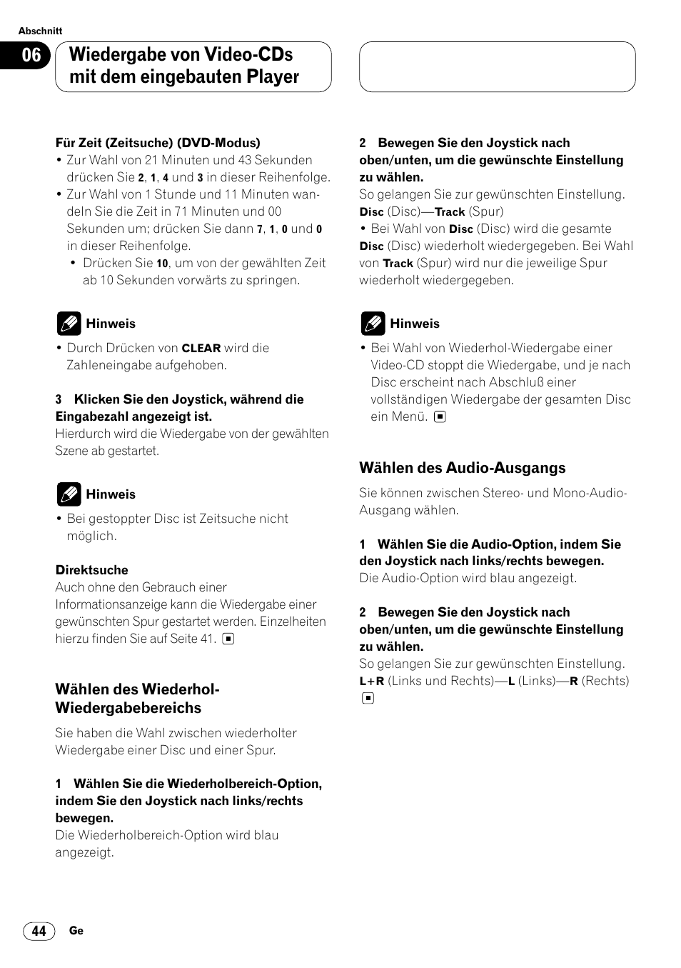 Wählen des wiederhol, Wiedergabebereichs 44, Wählen des audio-ausgangs 44 | Wählen des wiederhol- wiedergabebereichs, Wählen des audio-ausgangs | Pioneer DVH-P7000R User Manual | Page 44 / 204