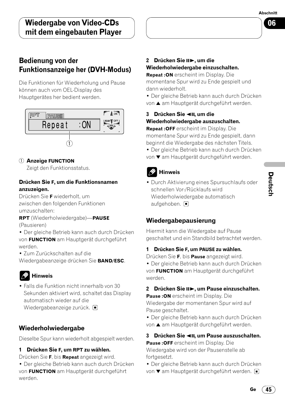 Bedienung von der funktionsanzeige her, Bedienung von der funktionsanzeige her (dvh-modus) | Pioneer DVH-P7000R User Manual | Page 45 / 204