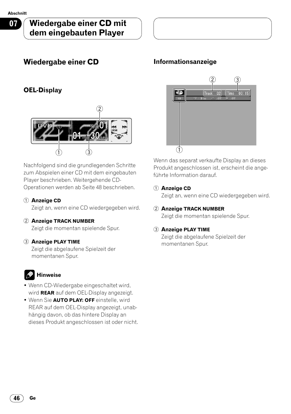 Wiedergabe einer cd 46, Oel-display 46 • informationsanzeige 46, Wiedergabe einer cd mit dem eingebauten player | Wiedergabe einer cd | Pioneer DVH-P7000R User Manual | Page 46 / 204