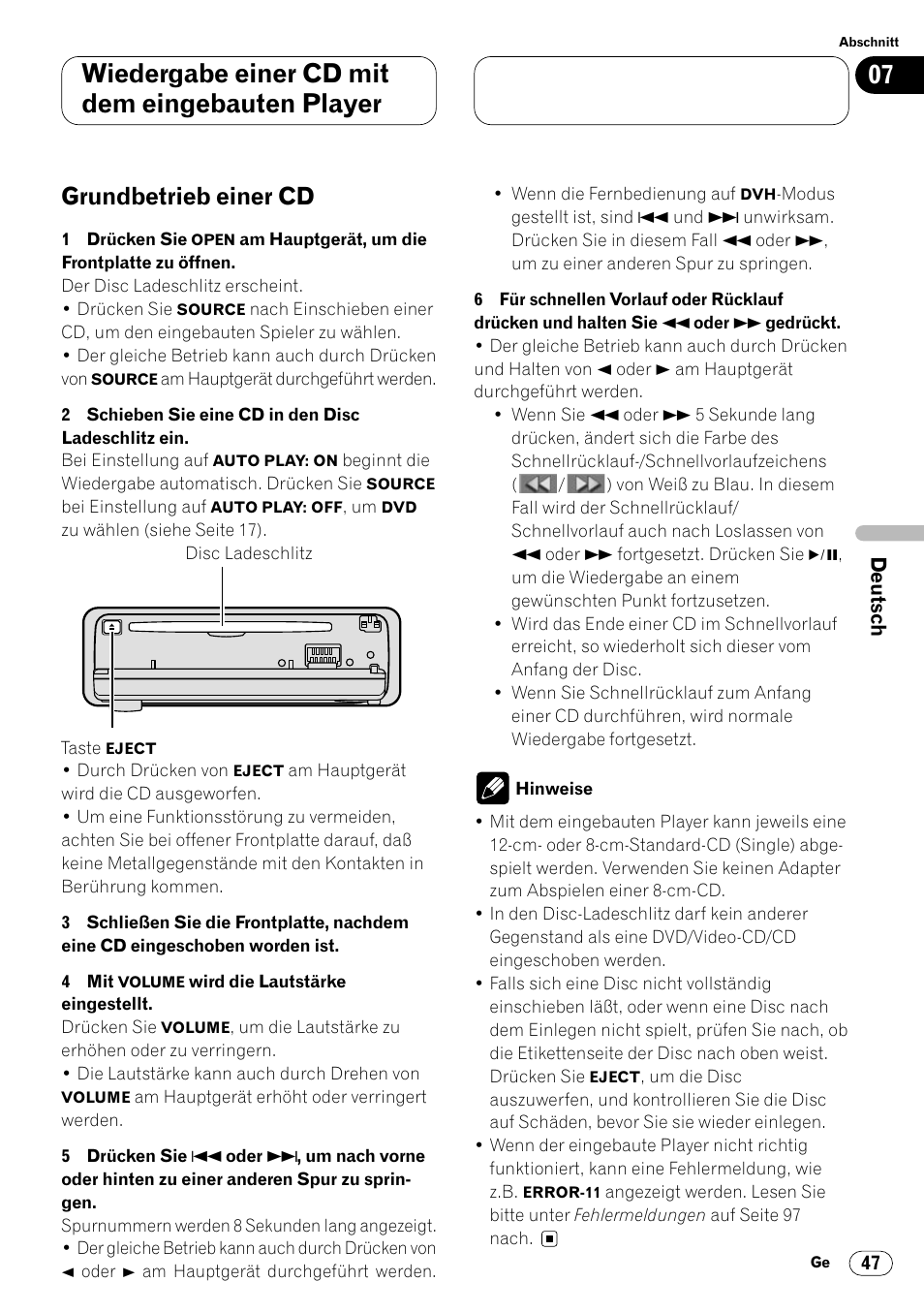 Grundbetrieb einer cd 47, Wiedergabe einer cd mit dem eingebauten player, Grundbetrieb einer cd | Pioneer DVH-P7000R User Manual | Page 47 / 204
