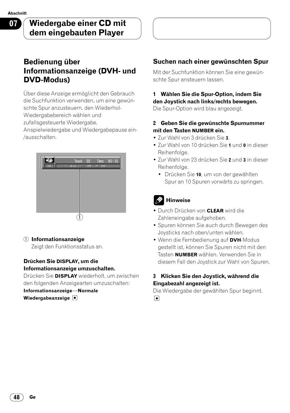 Bedienung über informationsanzeige (dvh, Wiedergabe einer cd mit dem eingebauten player | Pioneer DVH-P7000R User Manual | Page 48 / 204