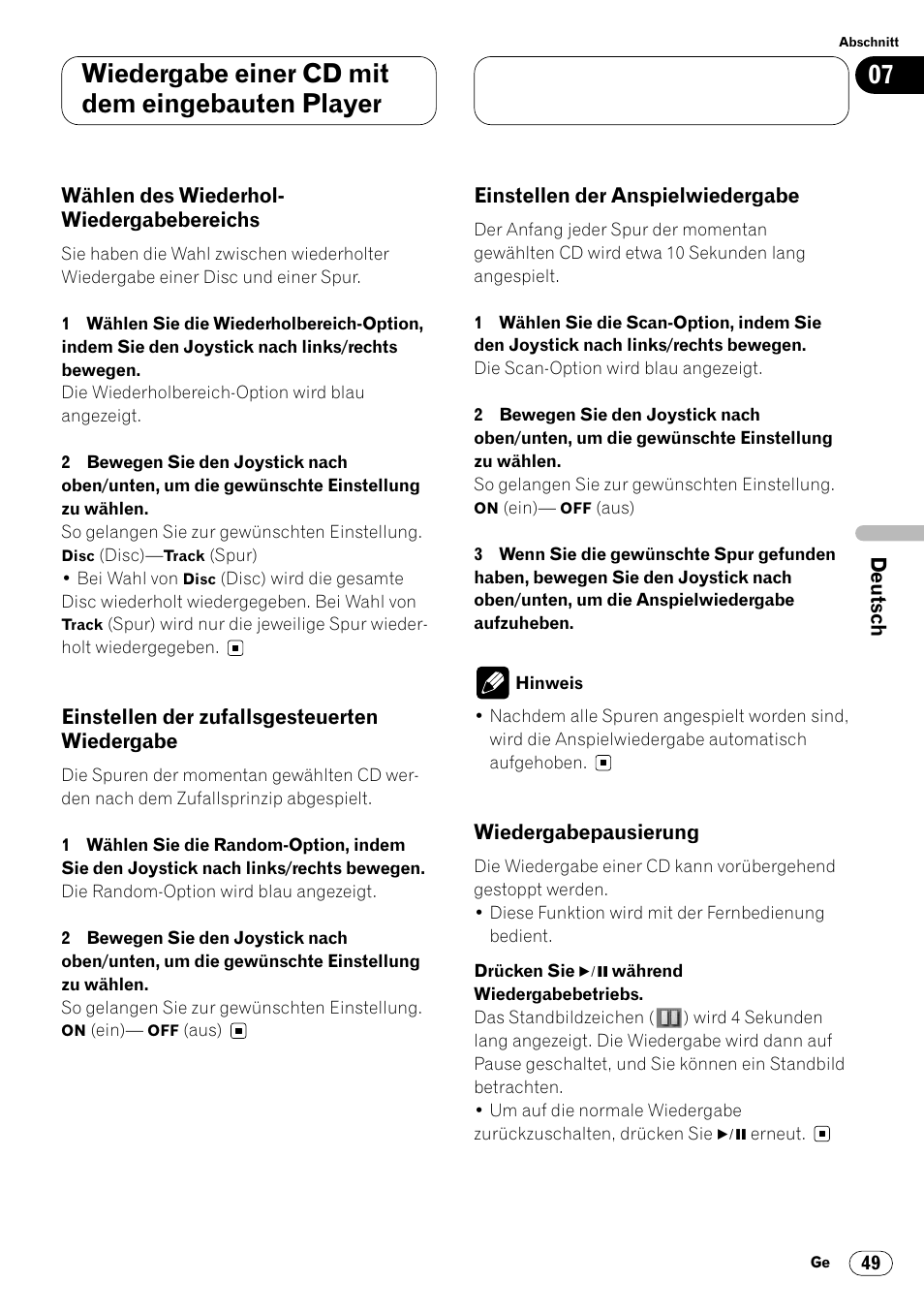 Wählen des wiederhol, Wiedergabebereichs 49, Einstellen der zufallsgesteuerten | Wiedergabe 49, Wiedergabe einer cd mit dem eingebauten player | Pioneer DVH-P7000R User Manual | Page 49 / 204