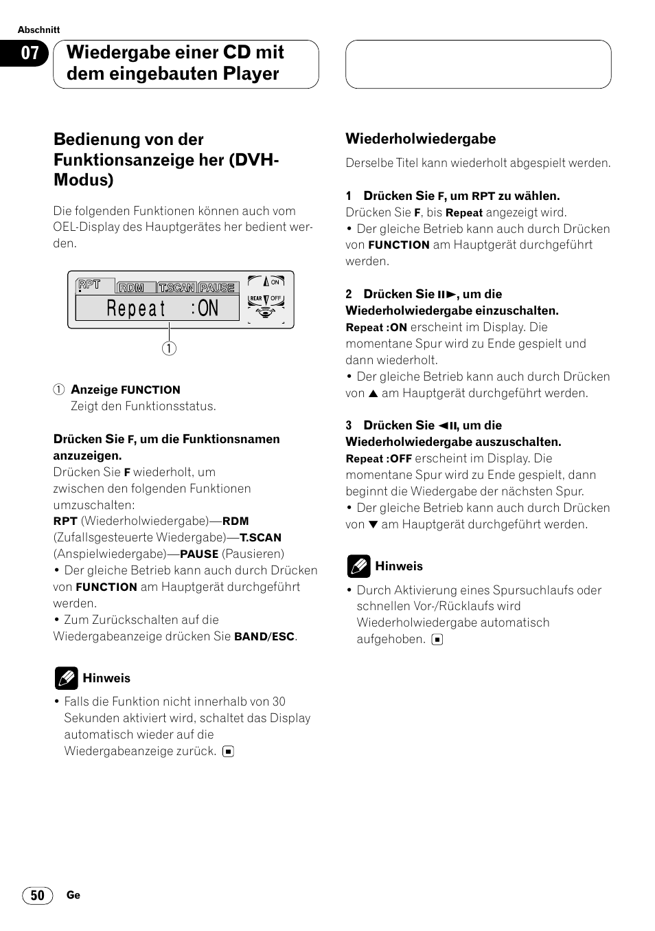 Bedienung von der funktionsanzeige her, Dvh-modus) 50 • wiederholwiedergabe 50, Wiedergabe einer cd mit dem eingebauten player | Pioneer DVH-P7000R User Manual | Page 50 / 204