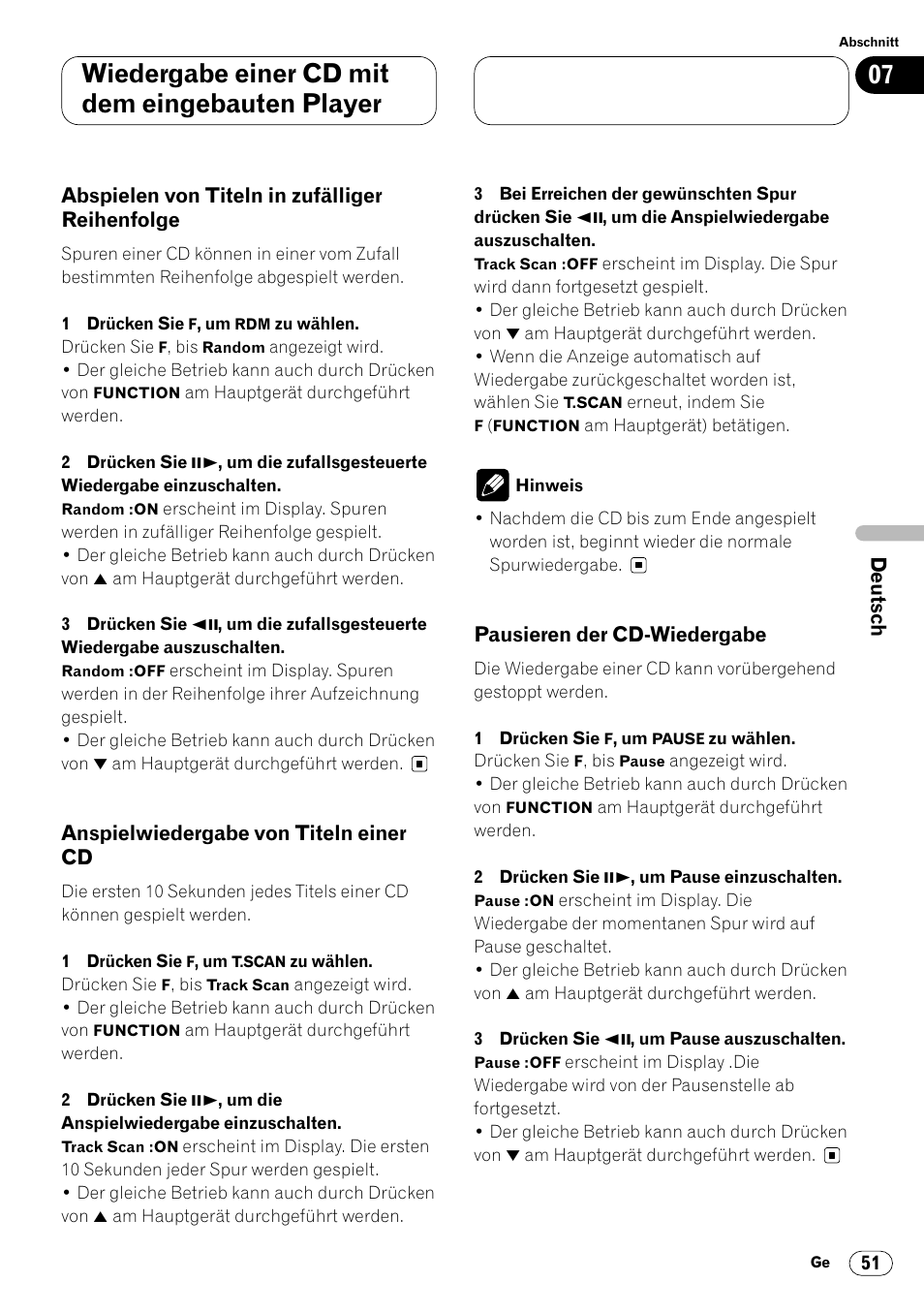 Abspielen von titeln in zufälliger, Reihenfolge 51, Wiedergabe einer cd mit dem eingebauten player | Pioneer DVH-P7000R User Manual | Page 51 / 204