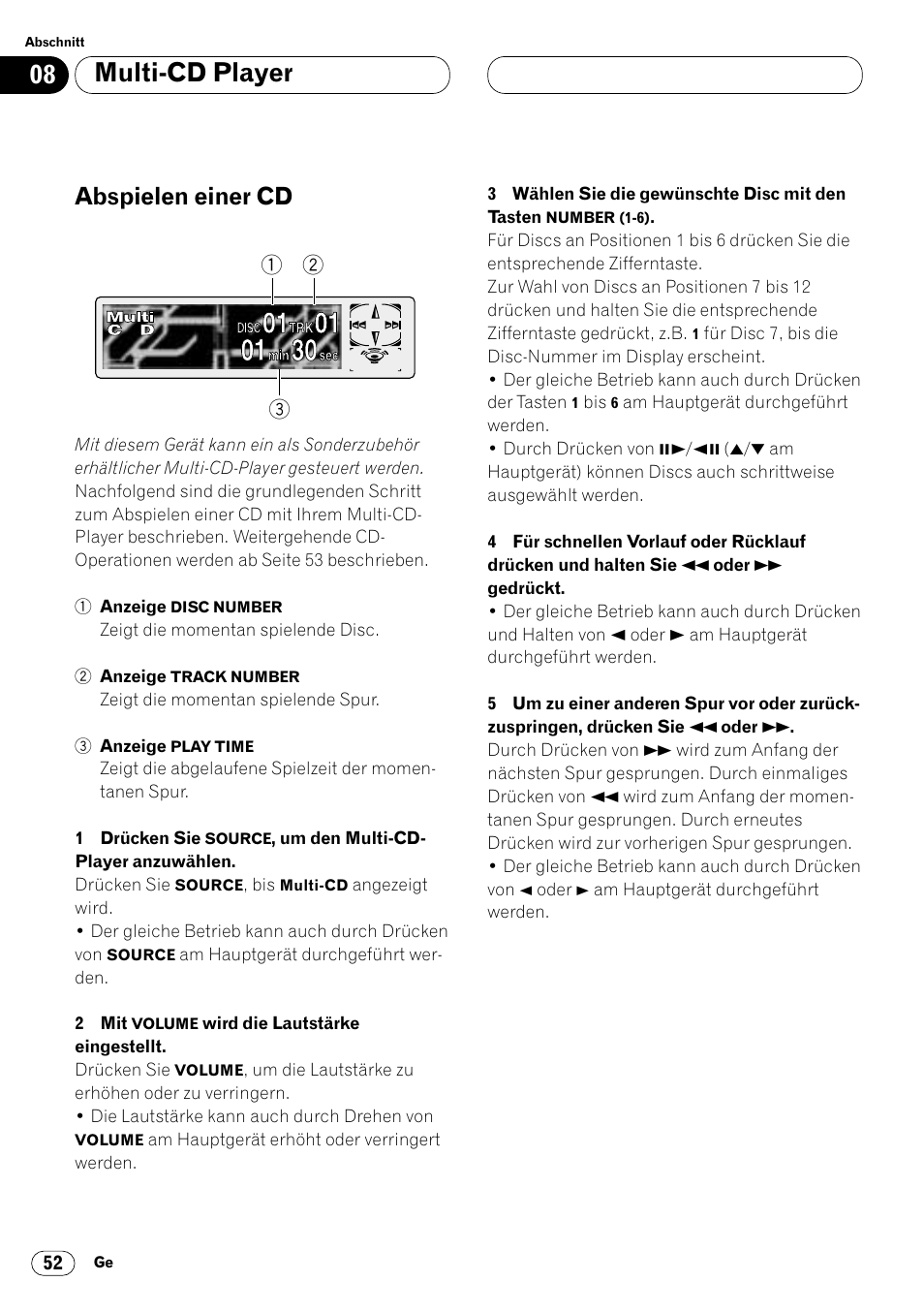 Abspielen einer cd 52, Multi-cd player, Abspielen einer cd | Pioneer DVH-P7000R User Manual | Page 52 / 204