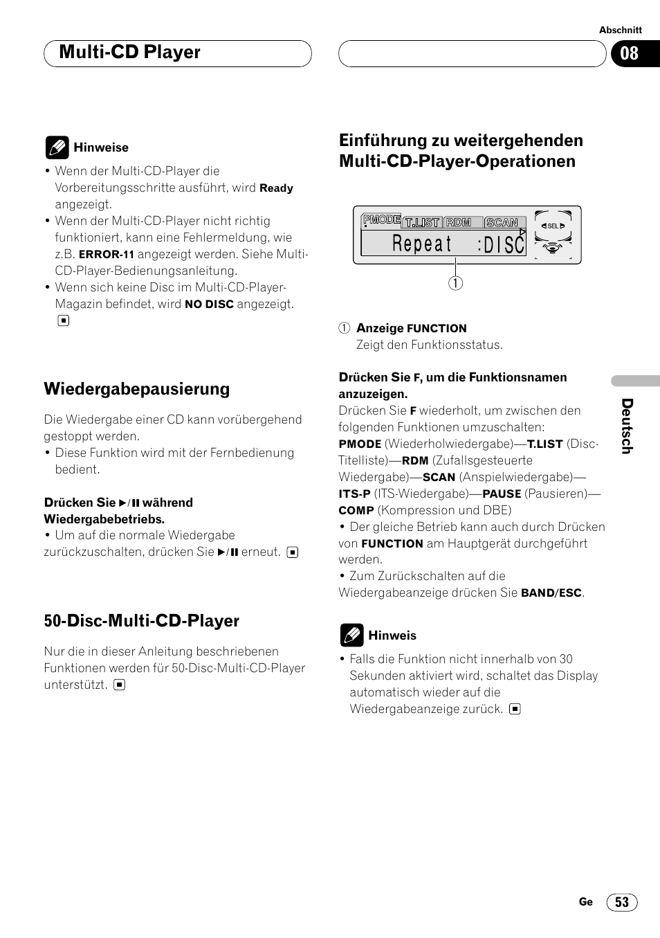 Player-operationen 53, Multi-cd player, Wiedergabepausierung | Disc-multi-cd-player | Pioneer DVH-P7000R User Manual | Page 53 / 204