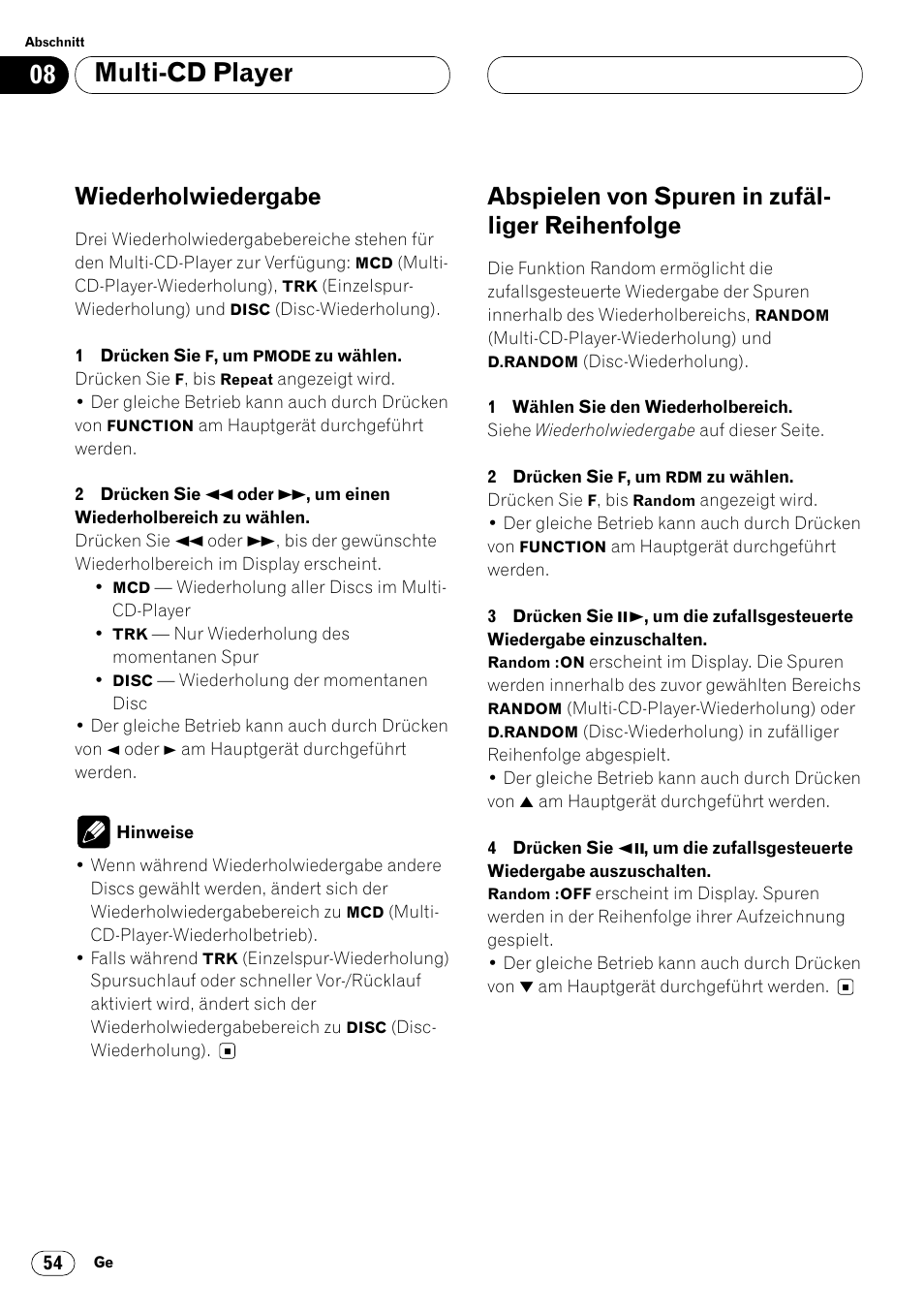 Reihenfolge 54, Multi-cd player, Wiederholwiedergabe | Abspielen von spuren in zufäl- liger reihenfolge | Pioneer DVH-P7000R User Manual | Page 54 / 204