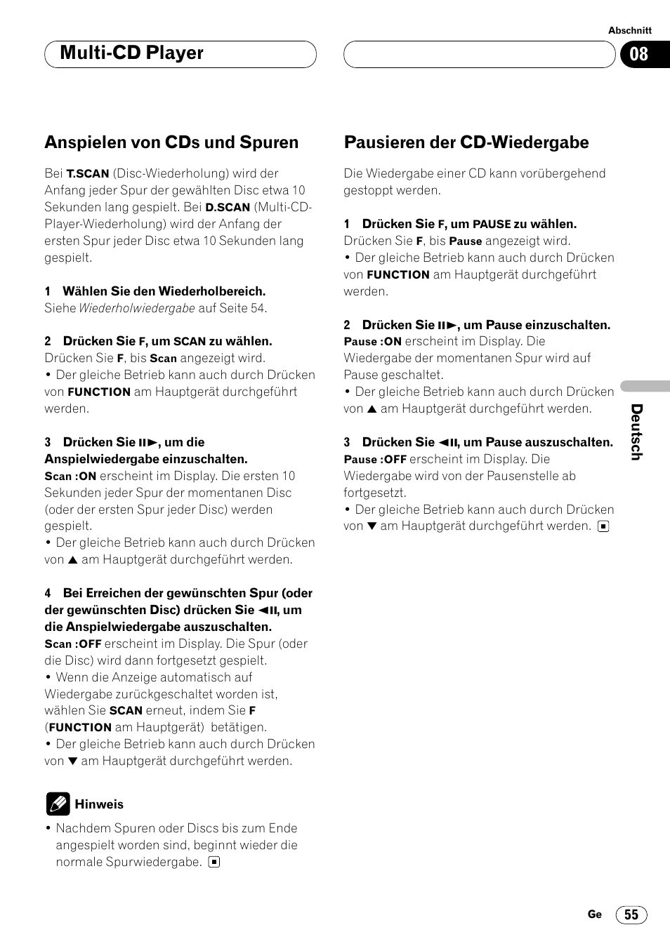 Multi-cd player, Anspielen von cds und spuren, Pausieren der cd-wiedergabe | Pioneer DVH-P7000R User Manual | Page 55 / 204