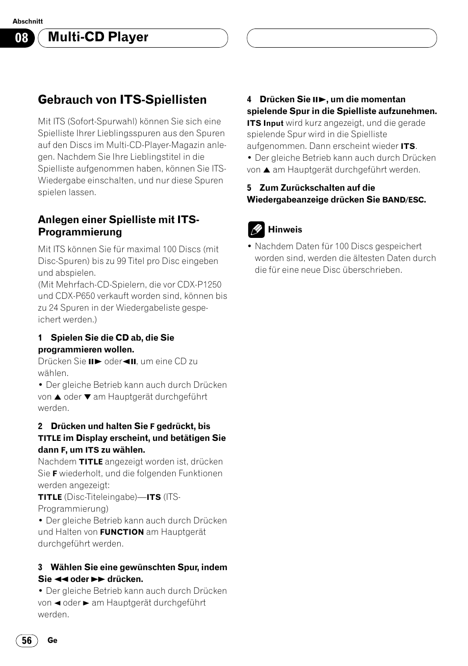 Gebrauch von its-spiellisten 56, Anlegen einer spielliste mit its, Programmierung 56 | Multi-cd player, Gebrauch von its-spiellisten | Pioneer DVH-P7000R User Manual | Page 56 / 204