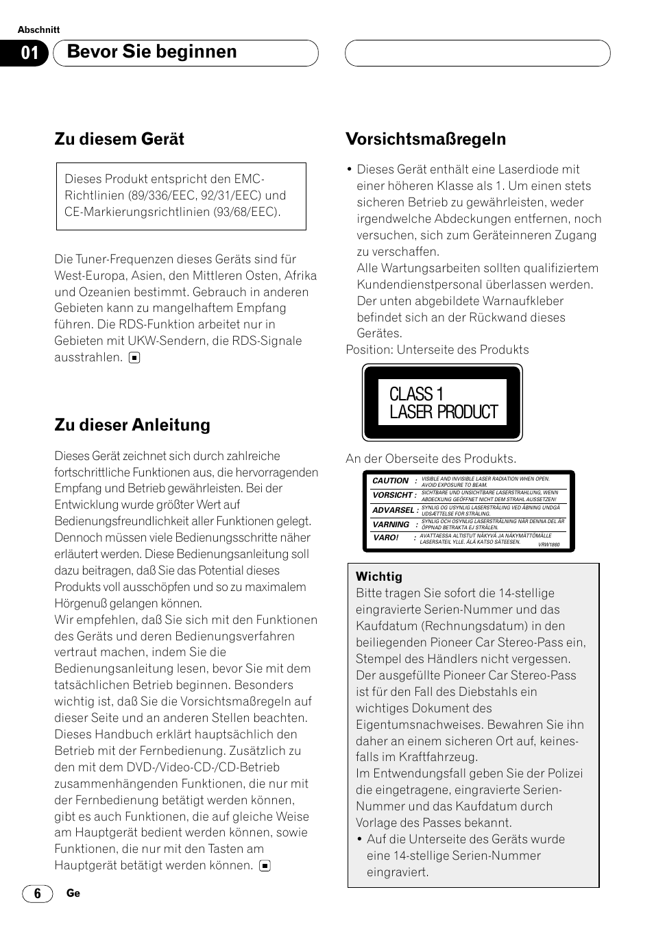 Bevor sie beginnen, Class 1 laser product, Zu diesem gerät | Zu dieser anleitung, Vorsichtsmaßregeln | Pioneer DVH-P7000R User Manual | Page 6 / 204