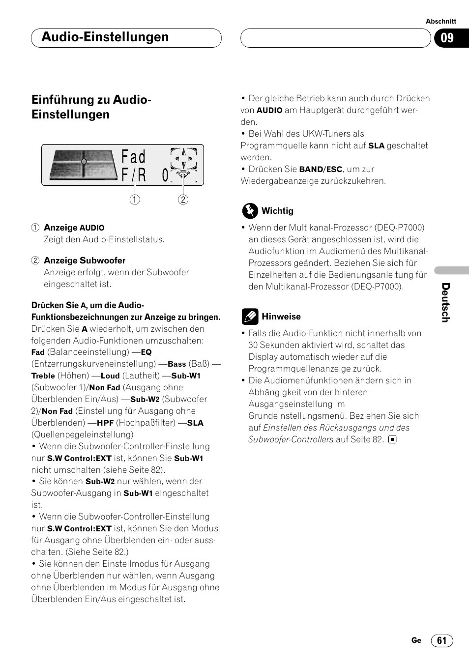 Einführung zu audio-einstellungen 61, Audio-einstellungen, Einführung zu audio- einstellungen | Pioneer DVH-P7000R User Manual | Page 61 / 204